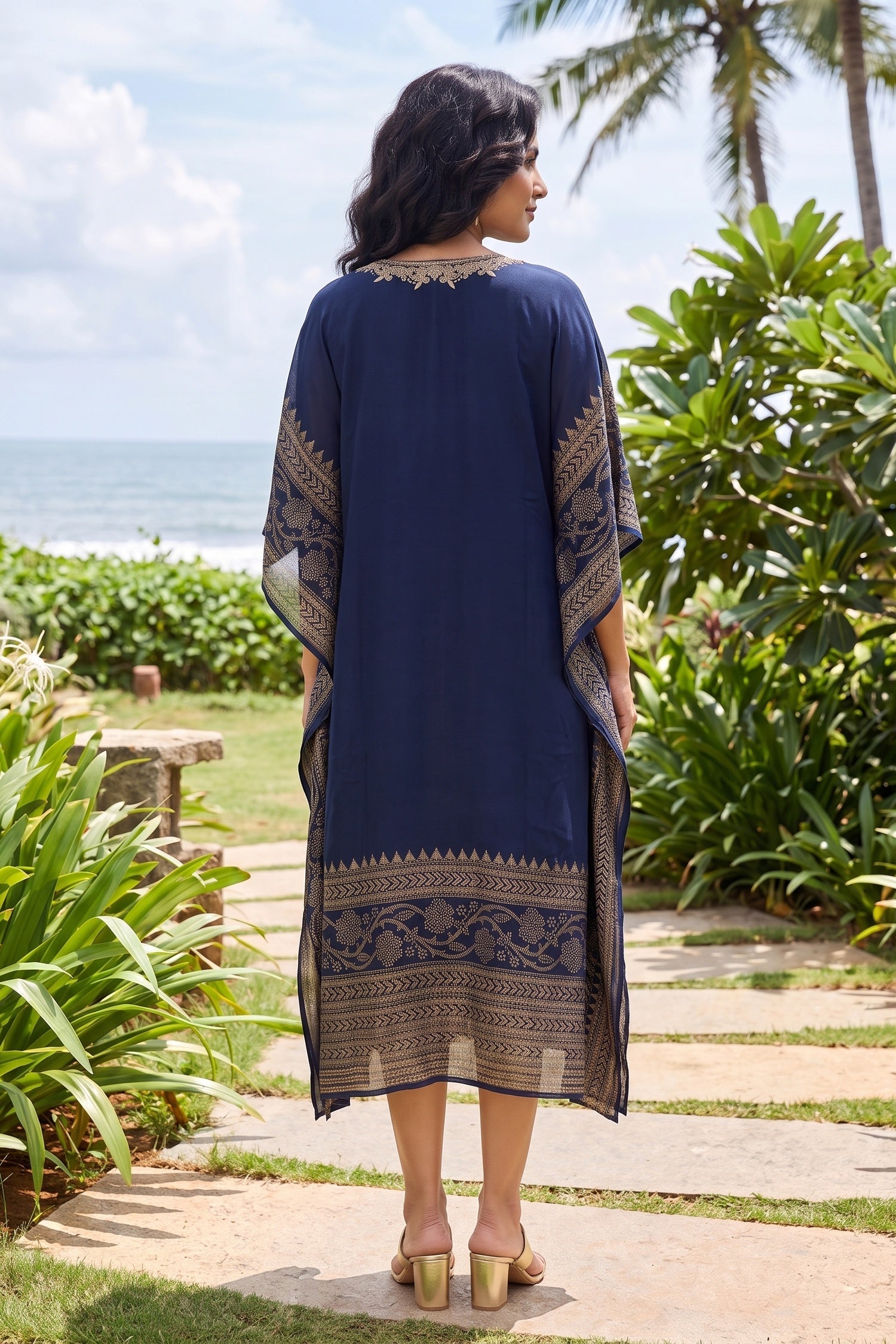 GOLD HAND EMBROIDERY DIGITALPRINT BORDER  NAVY BLUE KAFTAN