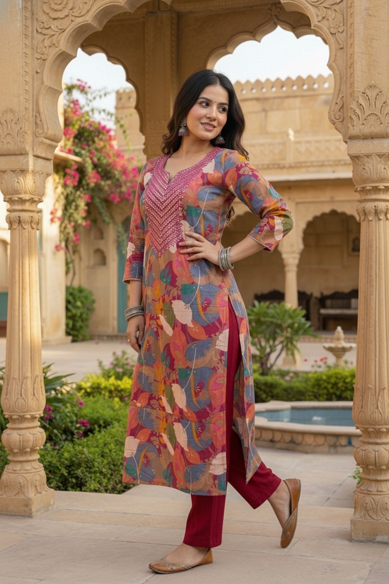 Multicolor Embroidered Cotton Cord Set - Freyaa USA & Canada