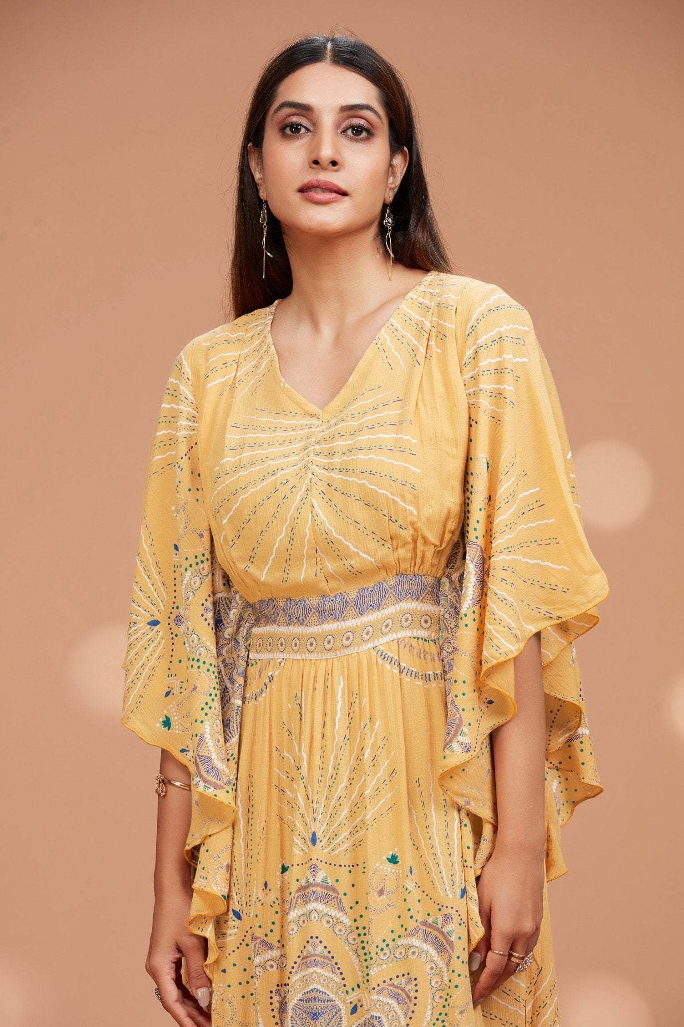 Viscose V Neck Gown with Butterfly Sleeves - Freyaa USA & Canada
