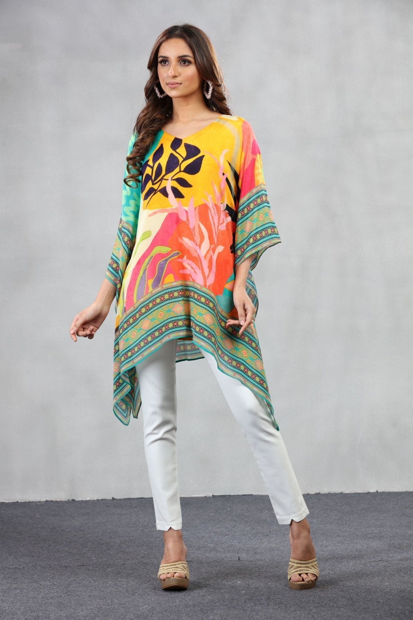 Viscose Chinon floral print short Kaftan - Freyaa USA & Canada
