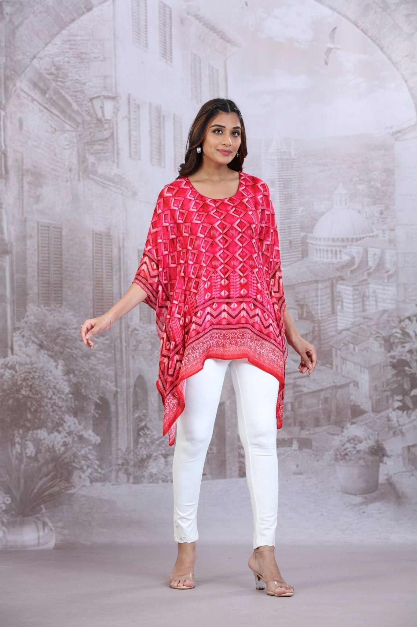Pink Short Kaftan With Round Neck - Freyaa USA & Canada