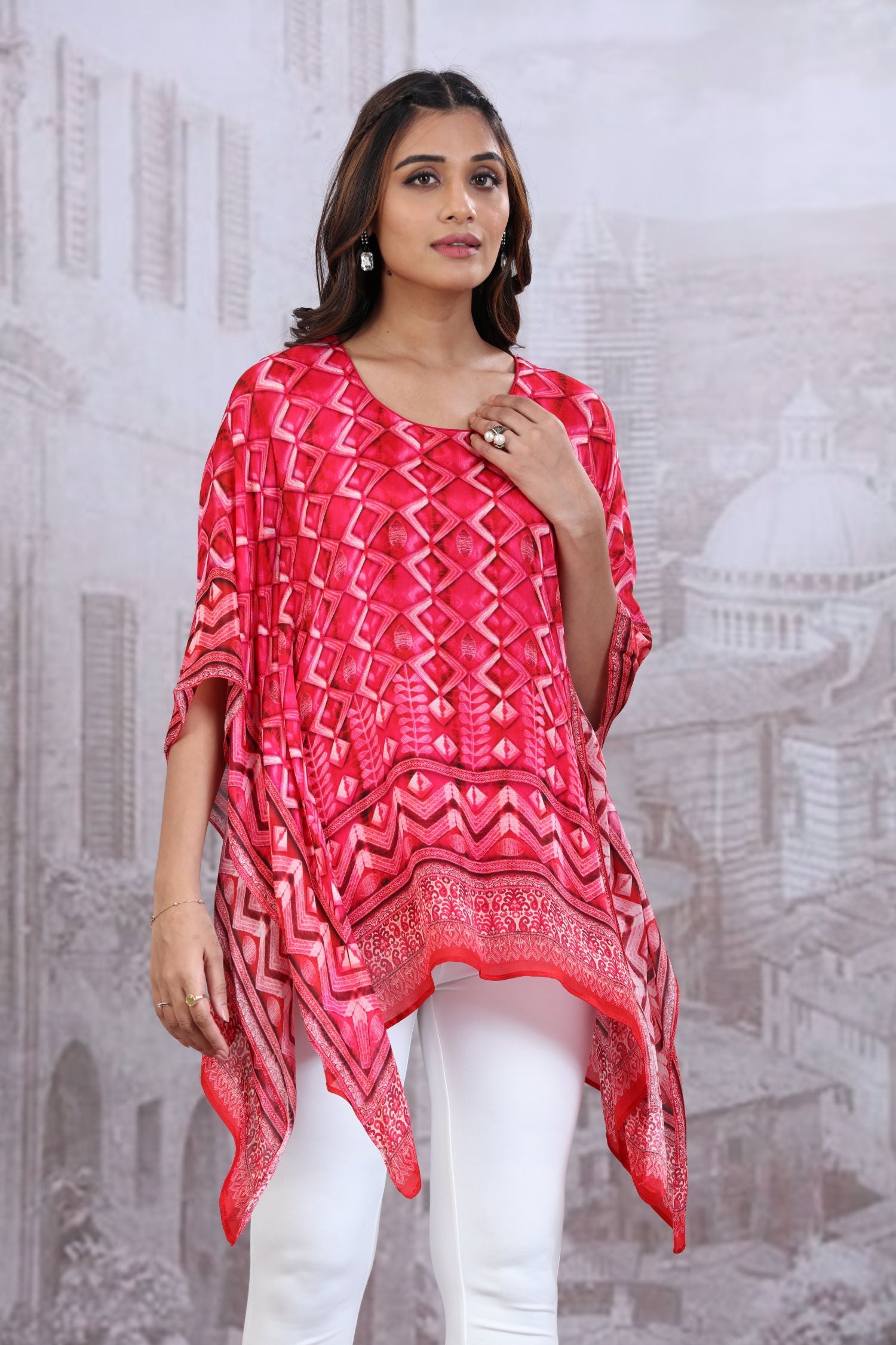 Pink Short Kaftan With Round Neck