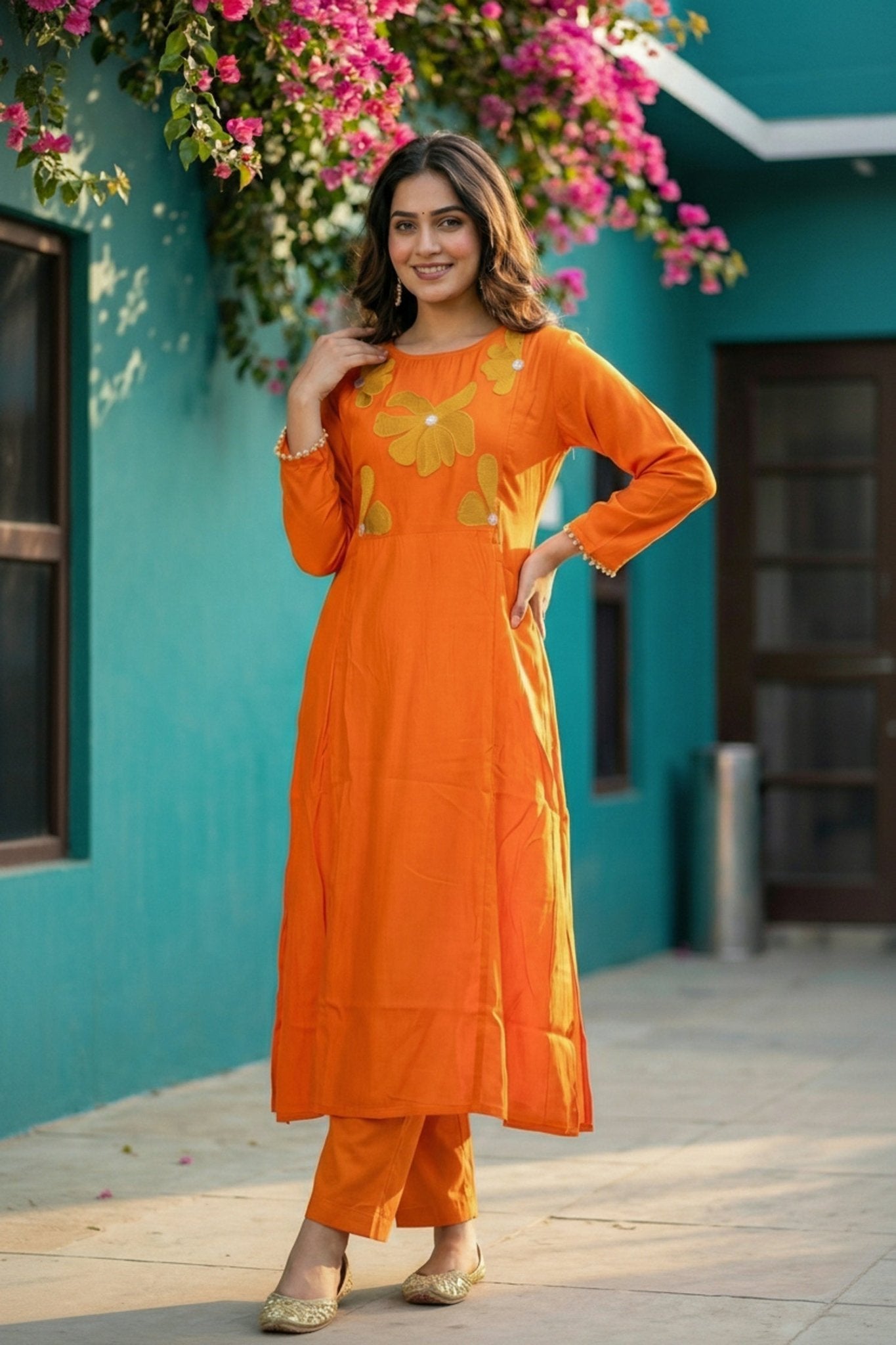 Orange Floral Cotton Co-ord Set - Freyaa USA & Canada