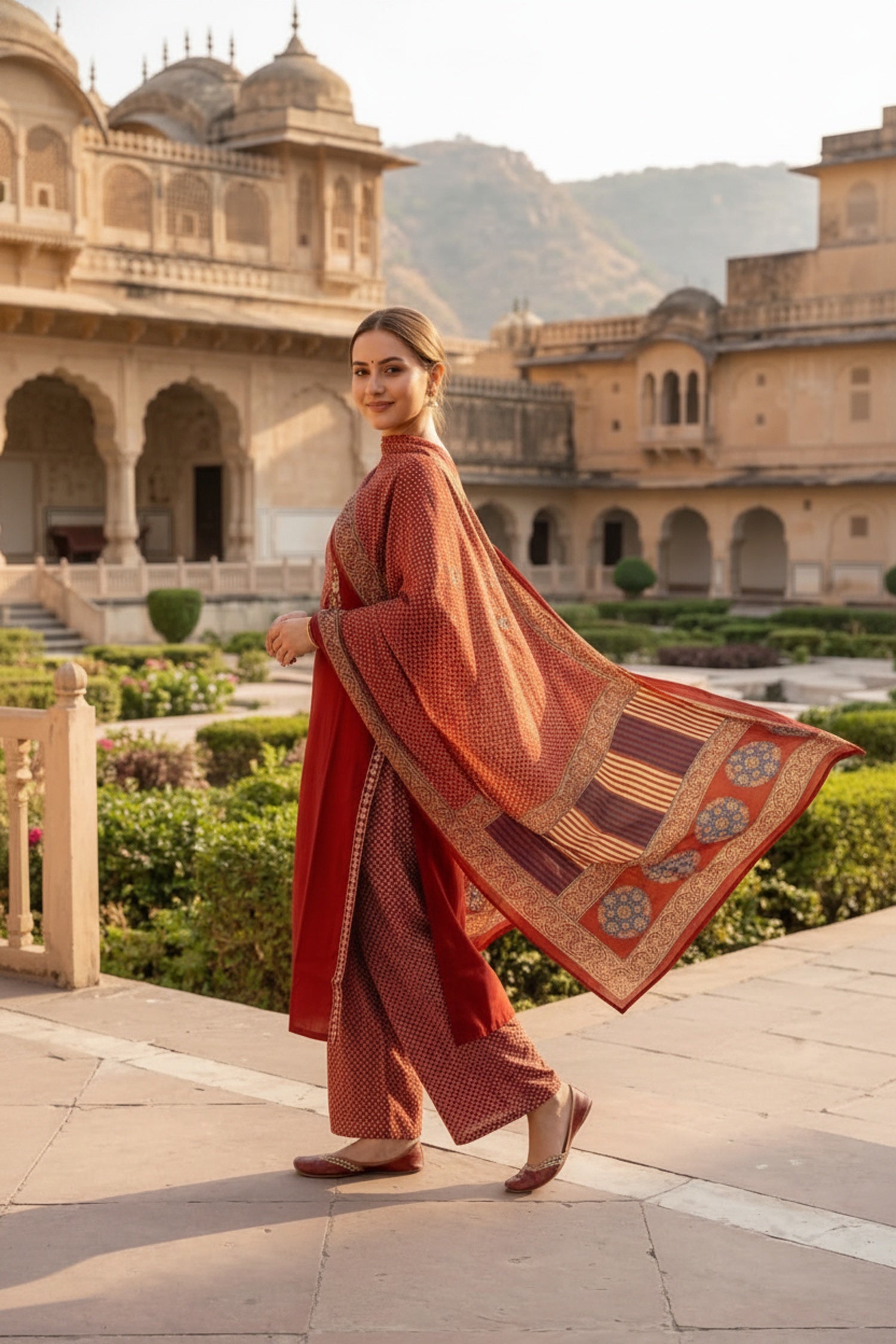 Rust Cotton Three-Piece Set with Modern Print