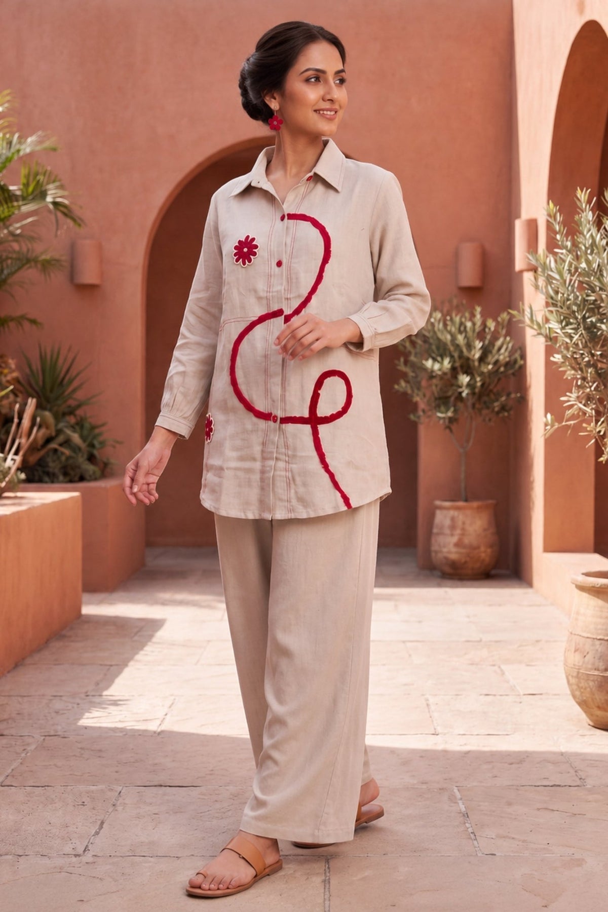 Ivory Crimson Abstract Embroidered CordSet - Freyaa