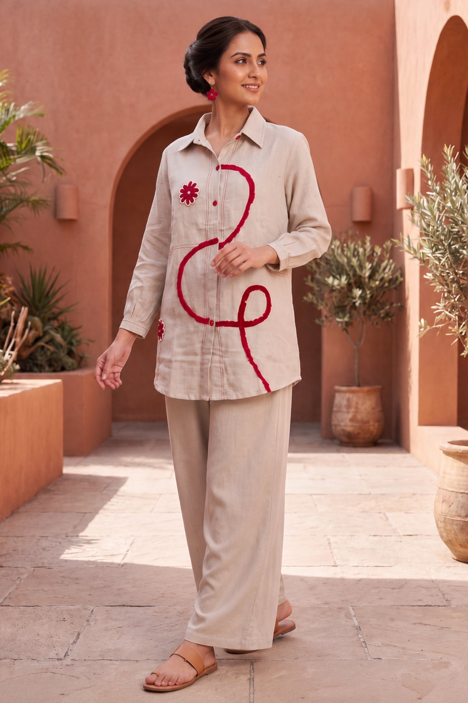 Ivory Crimson Abstract Embroidered CordSet