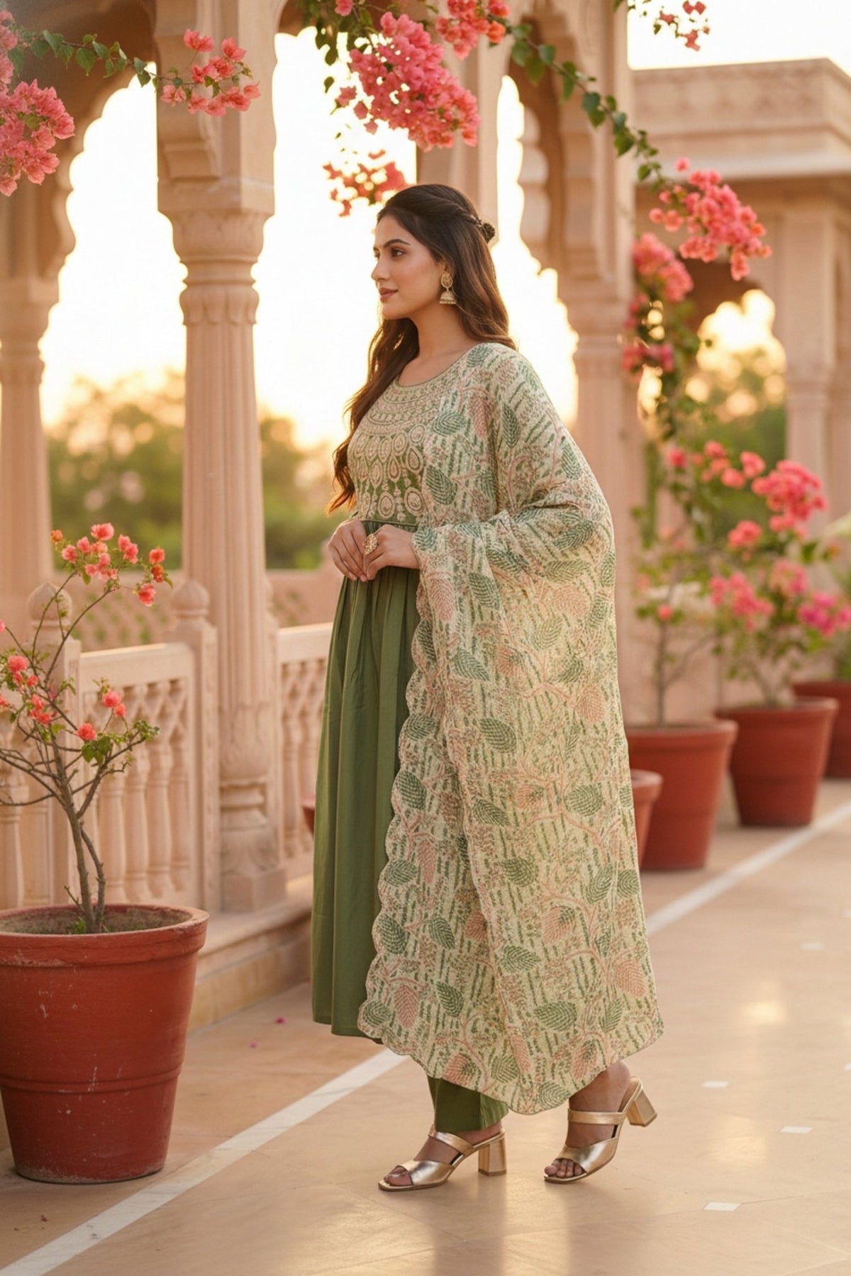 Green Embroidered Kurta Set with Tissue Silk Dupatta - Freyaa USA & Canada