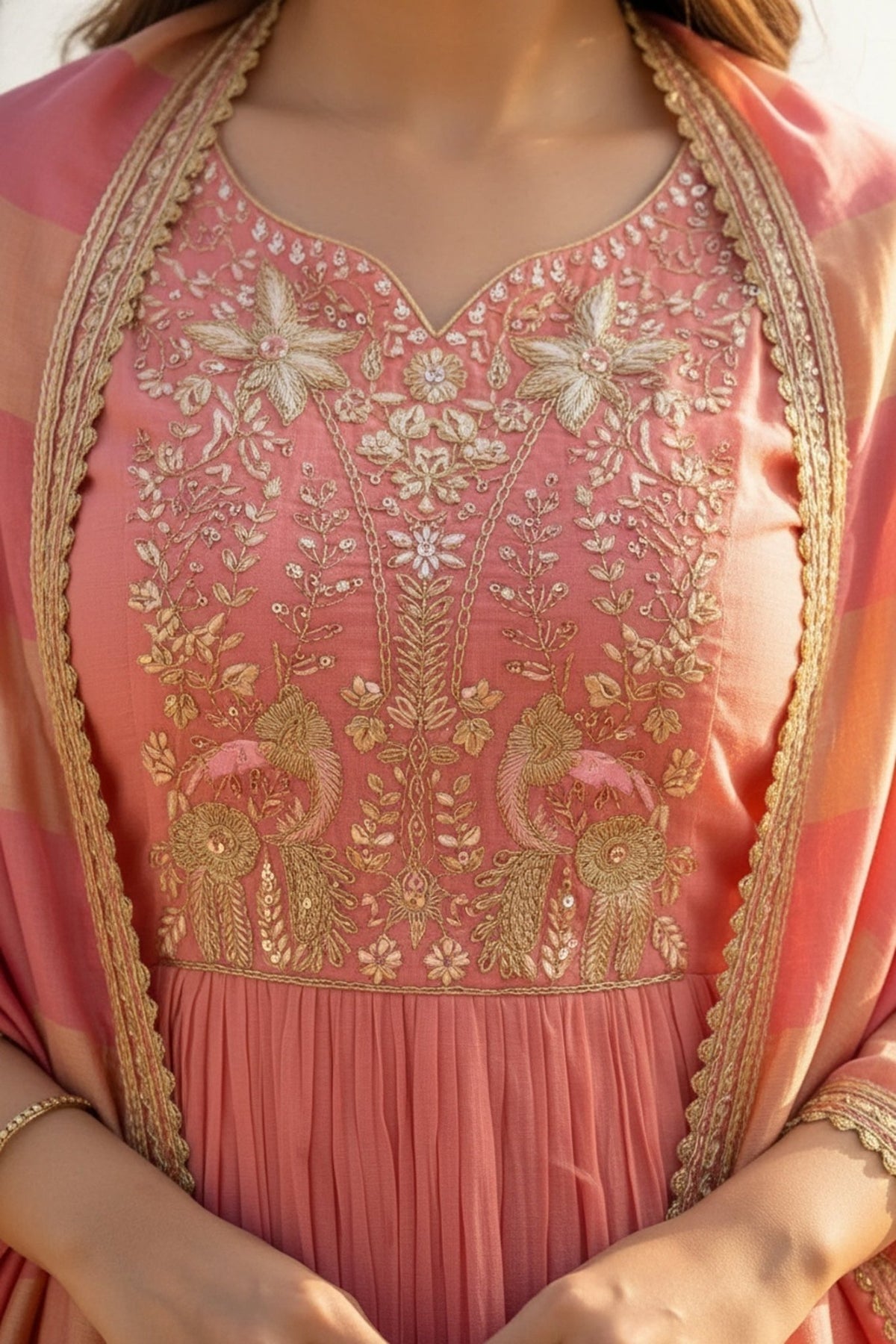 Peach Cotton Three-Piece Set with Thread Embroidery - Freyaa USA & Canada