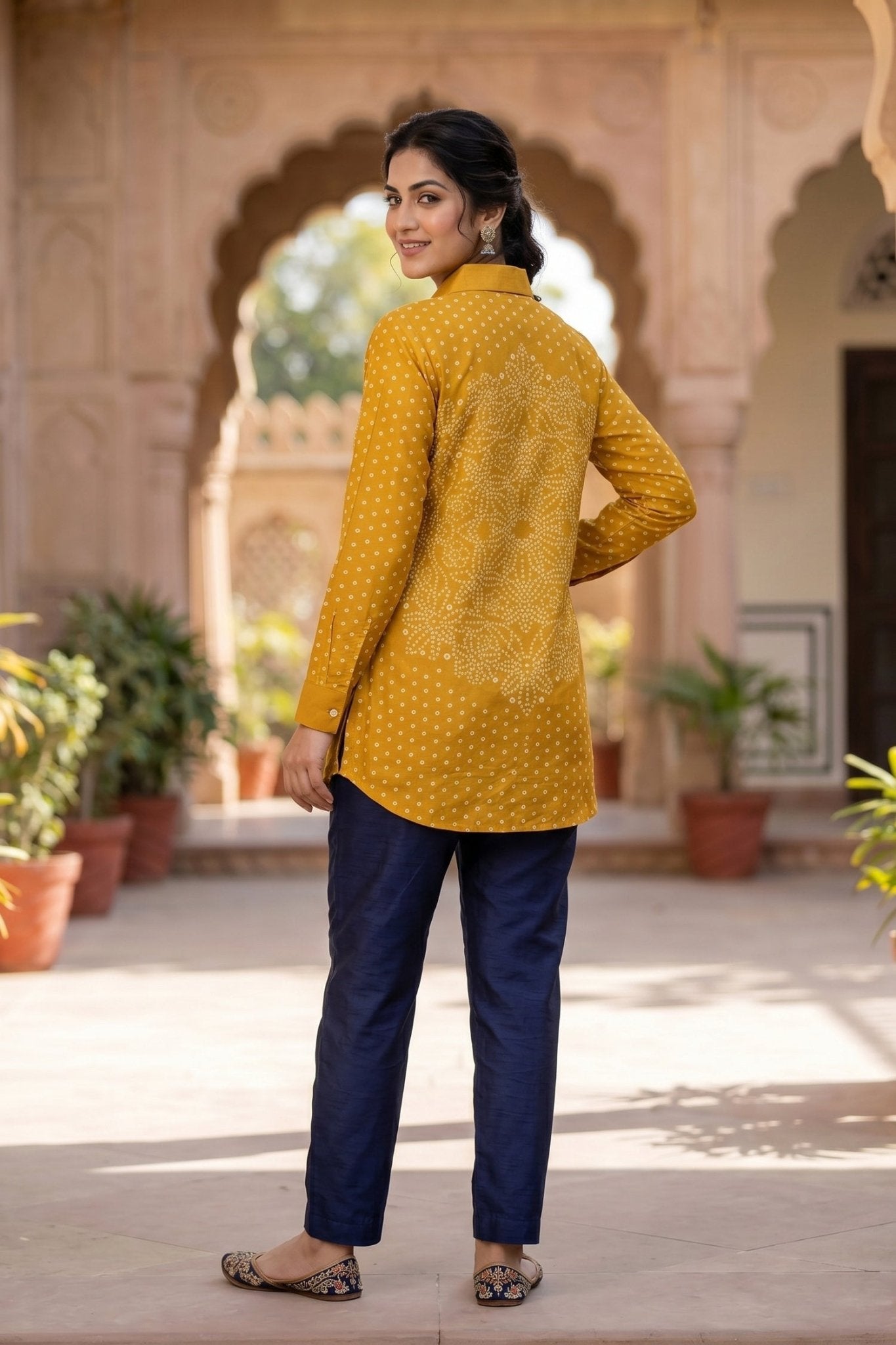 Golden Yellow Bhandhi Crepe Shirt - Freyaa USA & Canada