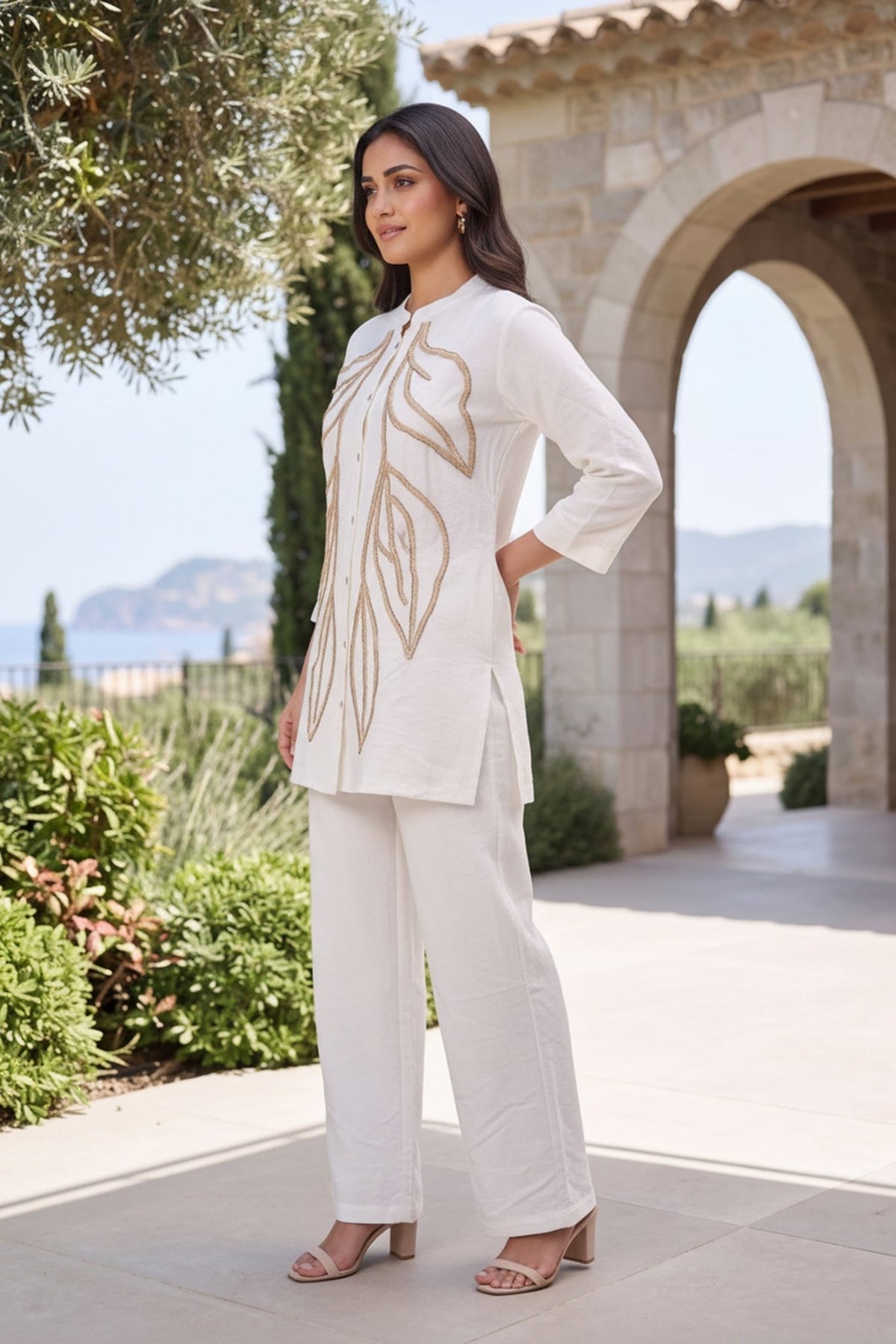 Ivory Leaf Embroidered CordSet - Freyaa