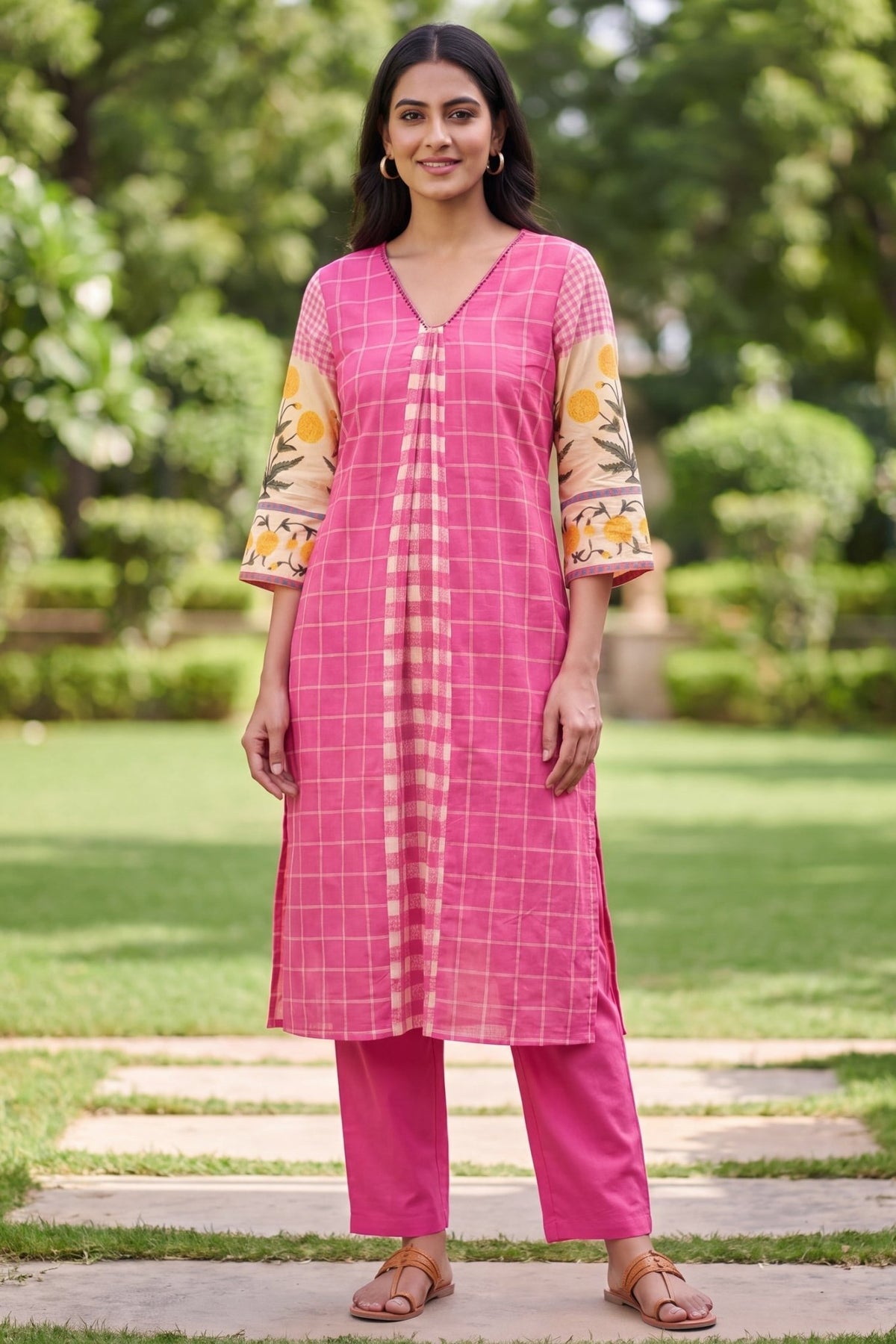 Pink Check & Floral Print CordSet - Freyaa