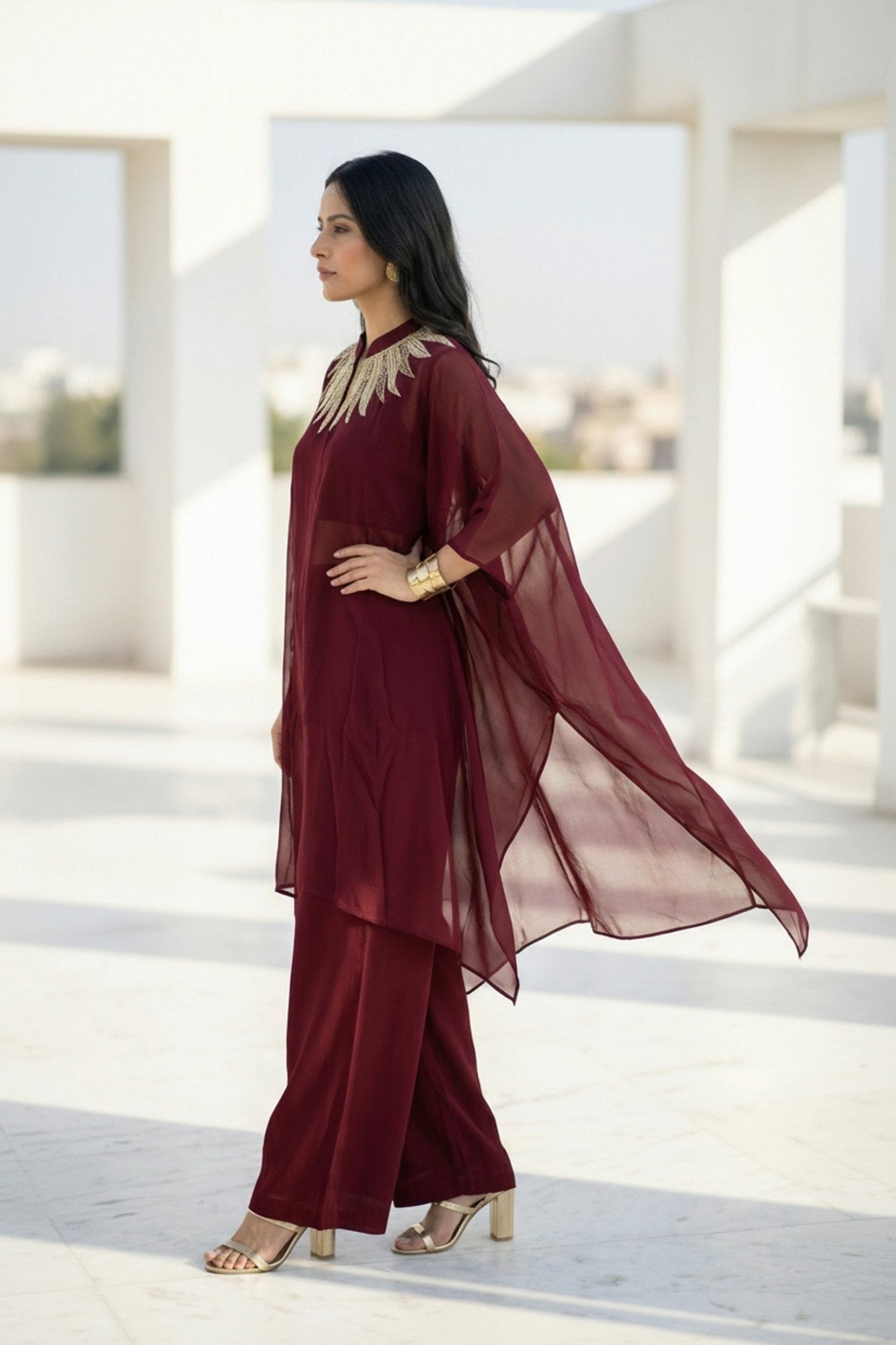 Maroon Charm Embroidered Neck Co-ord Set - Freyaa USA & Canada