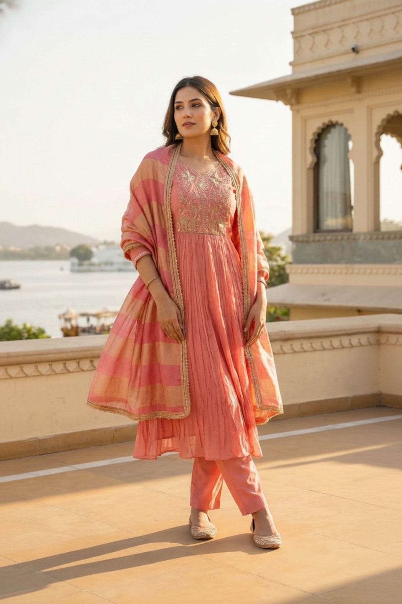 Peach Cotton Three-Piece Set with Thread Embroidery - Freyaa USA & Canada