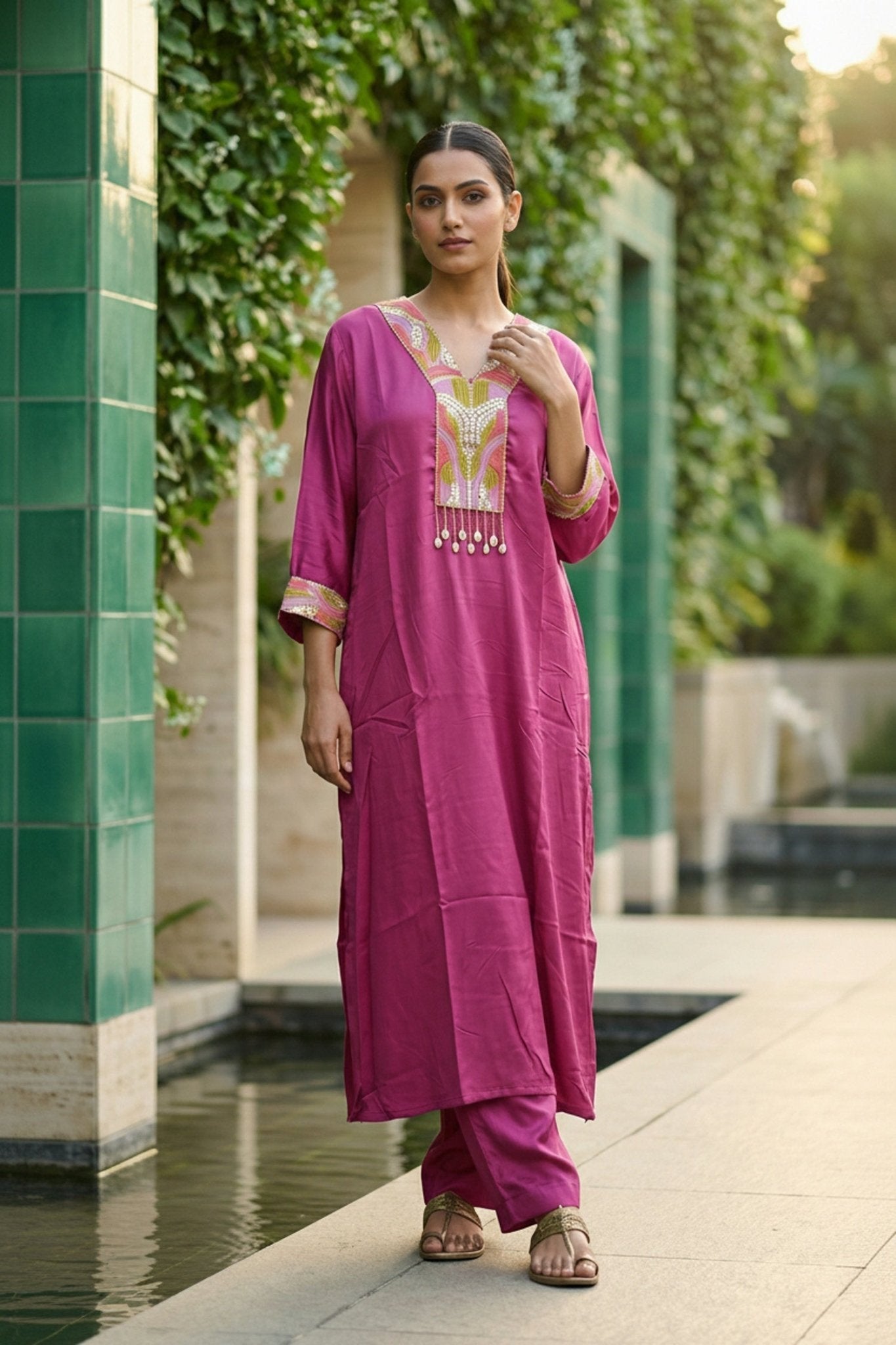 Pink Printed Cotton Co-ord Set with Embroidery - Freyaa USA & Canada