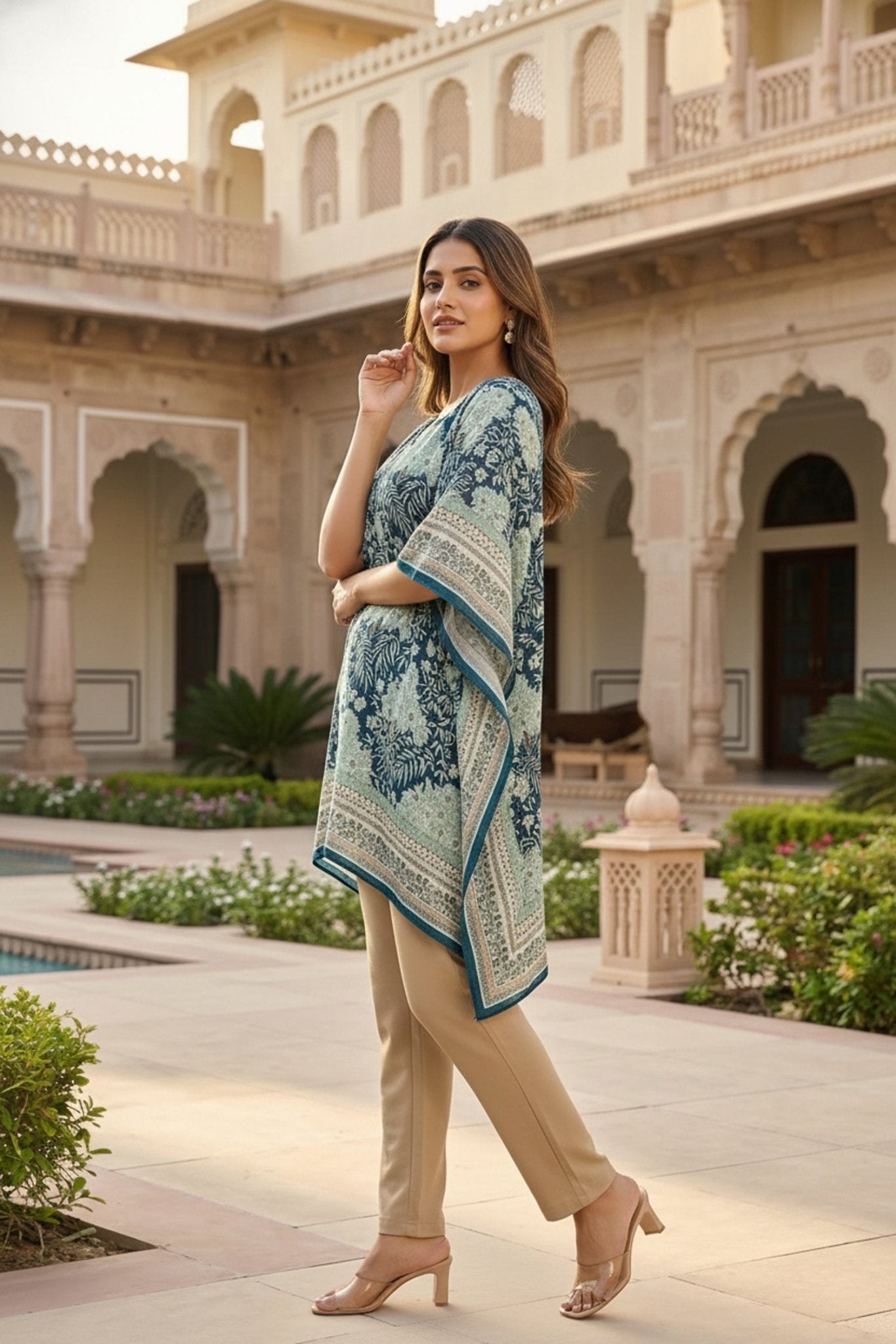 Blue Printed Viscose Short Kaftan - Freyaa USA & Canada