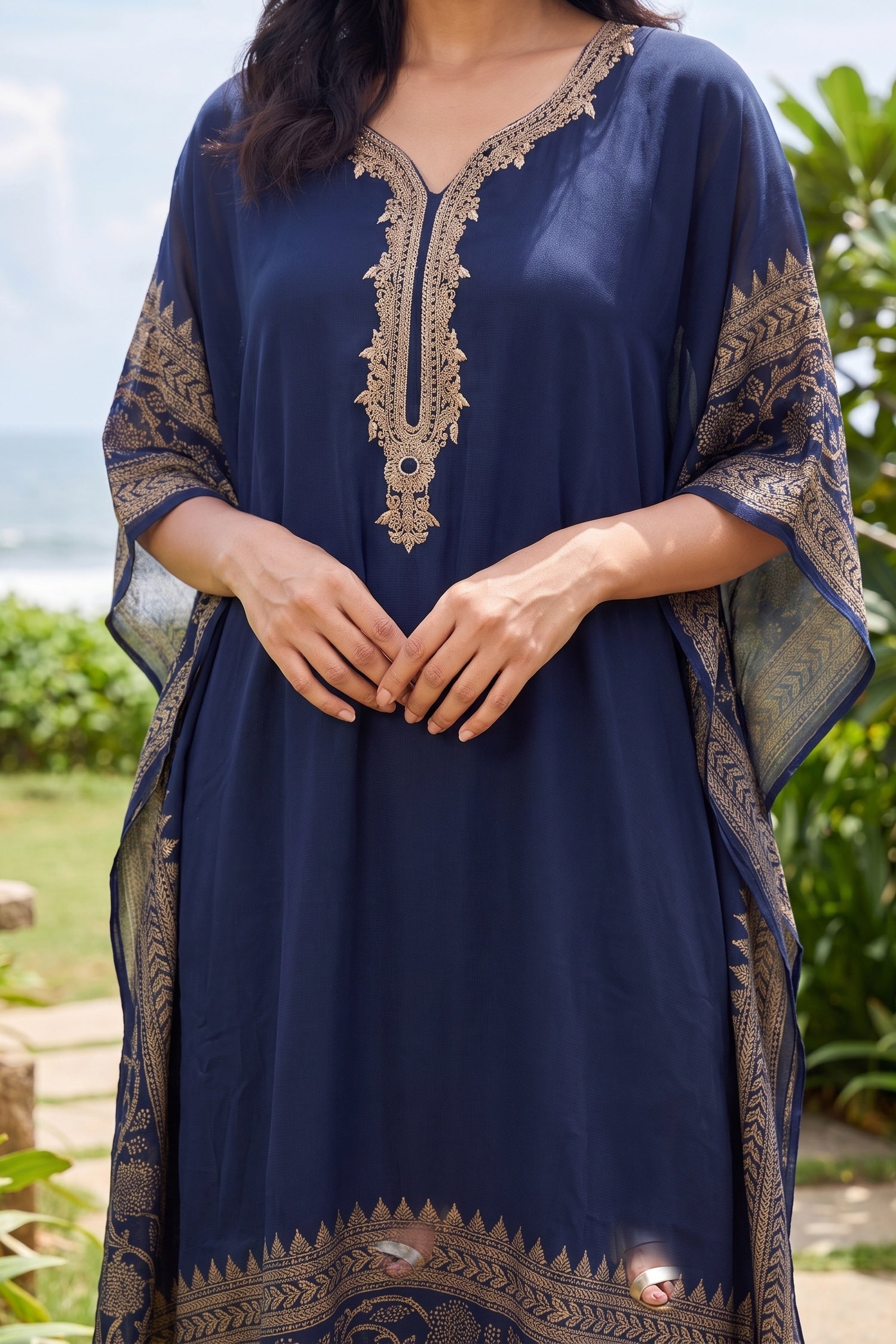 GOLD HAND EMBROIDERY DIGITALPRINT BORDER  NAVY BLUE KAFTAN