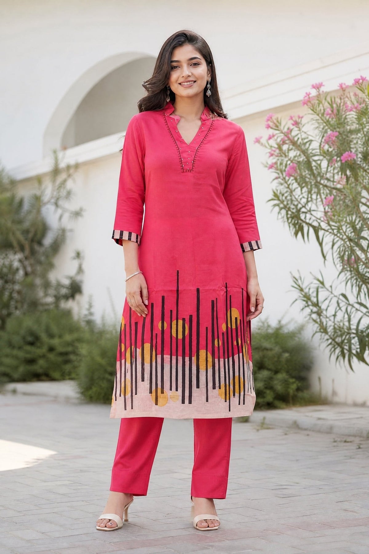 Red Abstract Color Block Printed Kurta & Pant Cotton Co-Ord Set - Freyaa