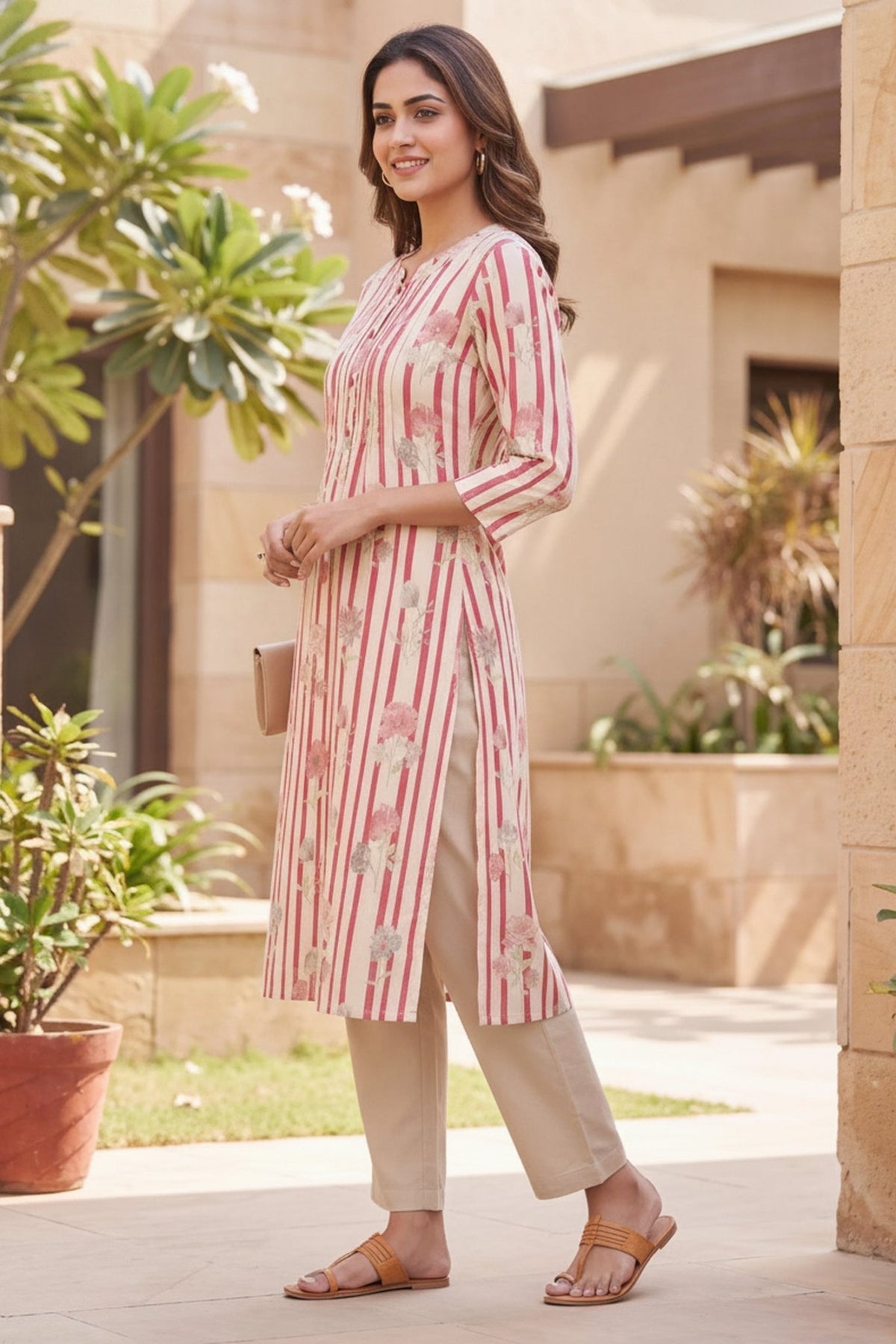 Pink & White Striped Straight Kurta Cotton Co-Ord Set - Freyaa