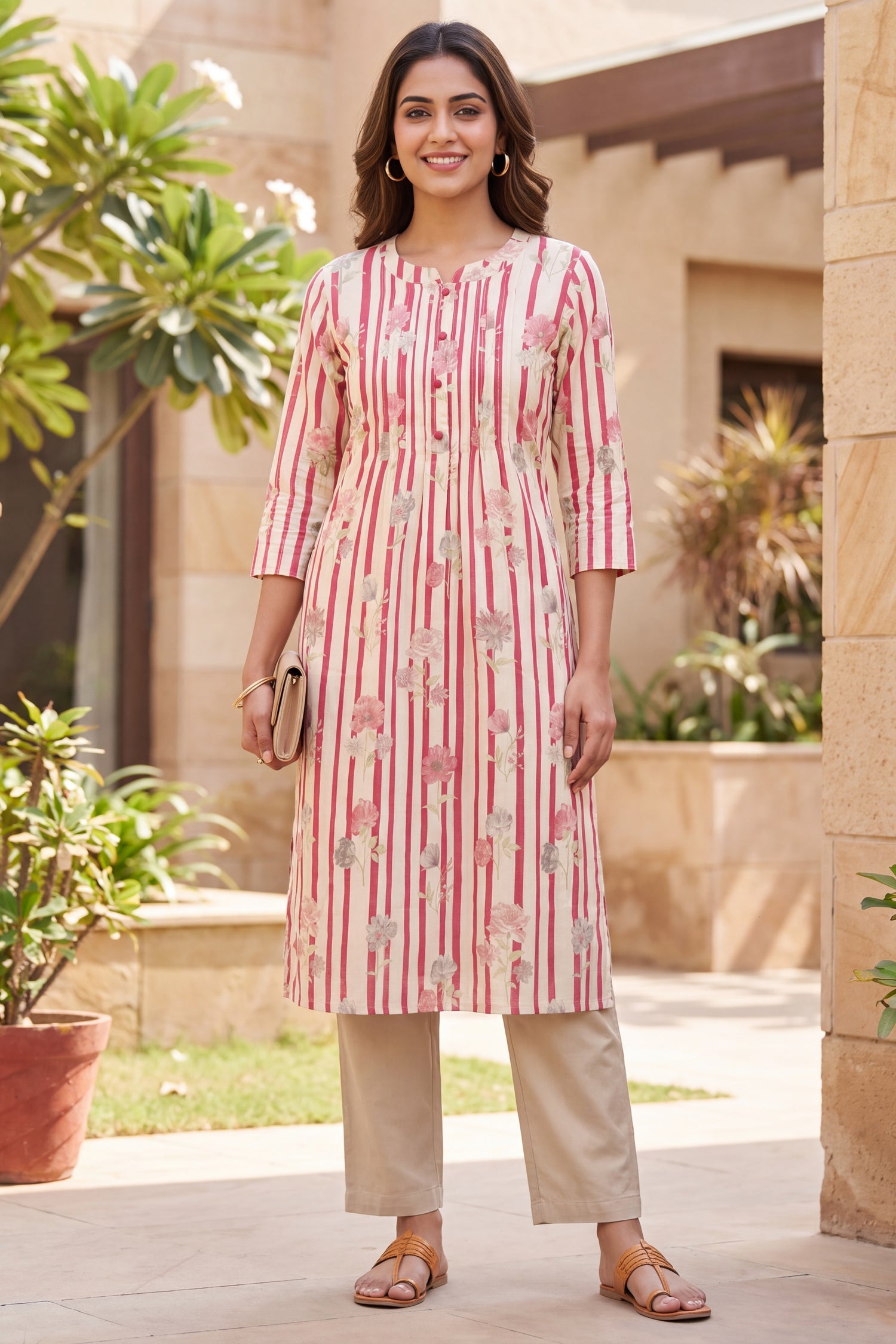 Pink & White Striped Straight Kurta Cotton Co-Ord Set