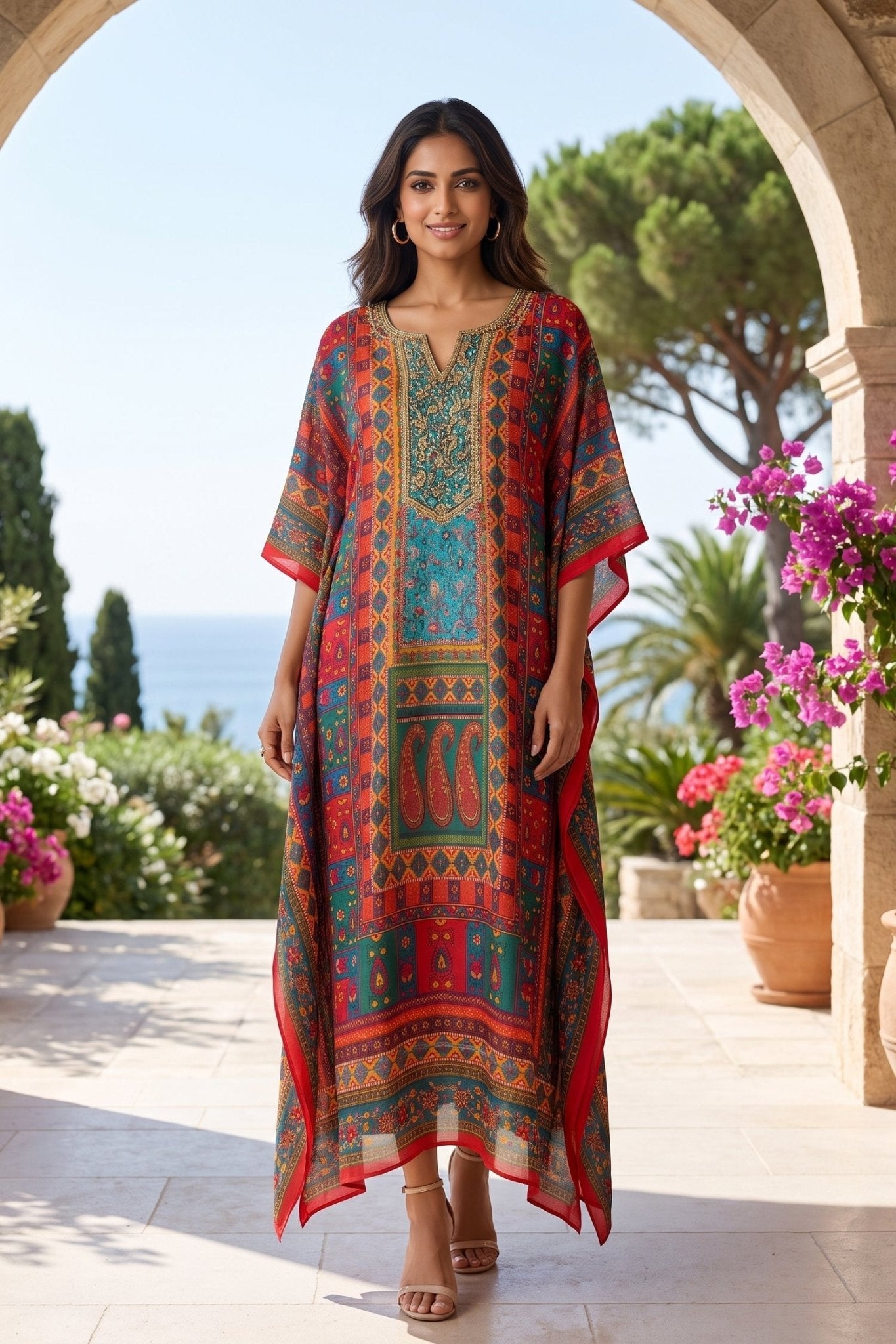 Multicolor Printed Long Kaftan Dress - Freyaa USA & Canada