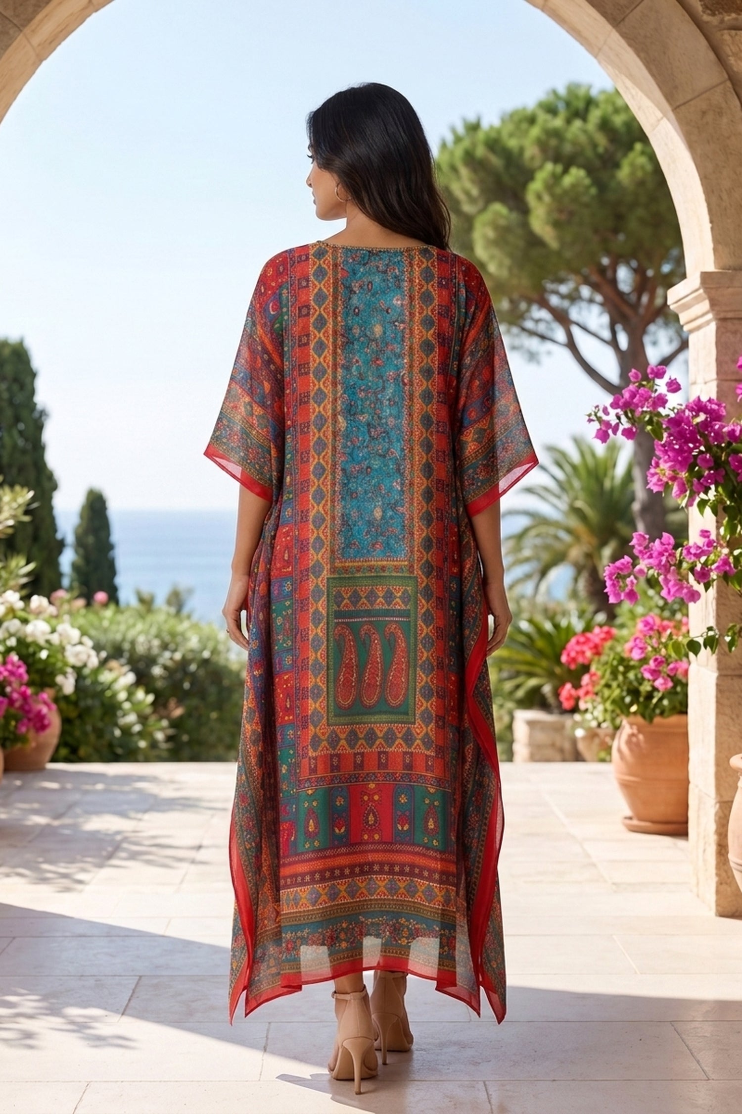 Multicolor Printed Long Kaftan Dress