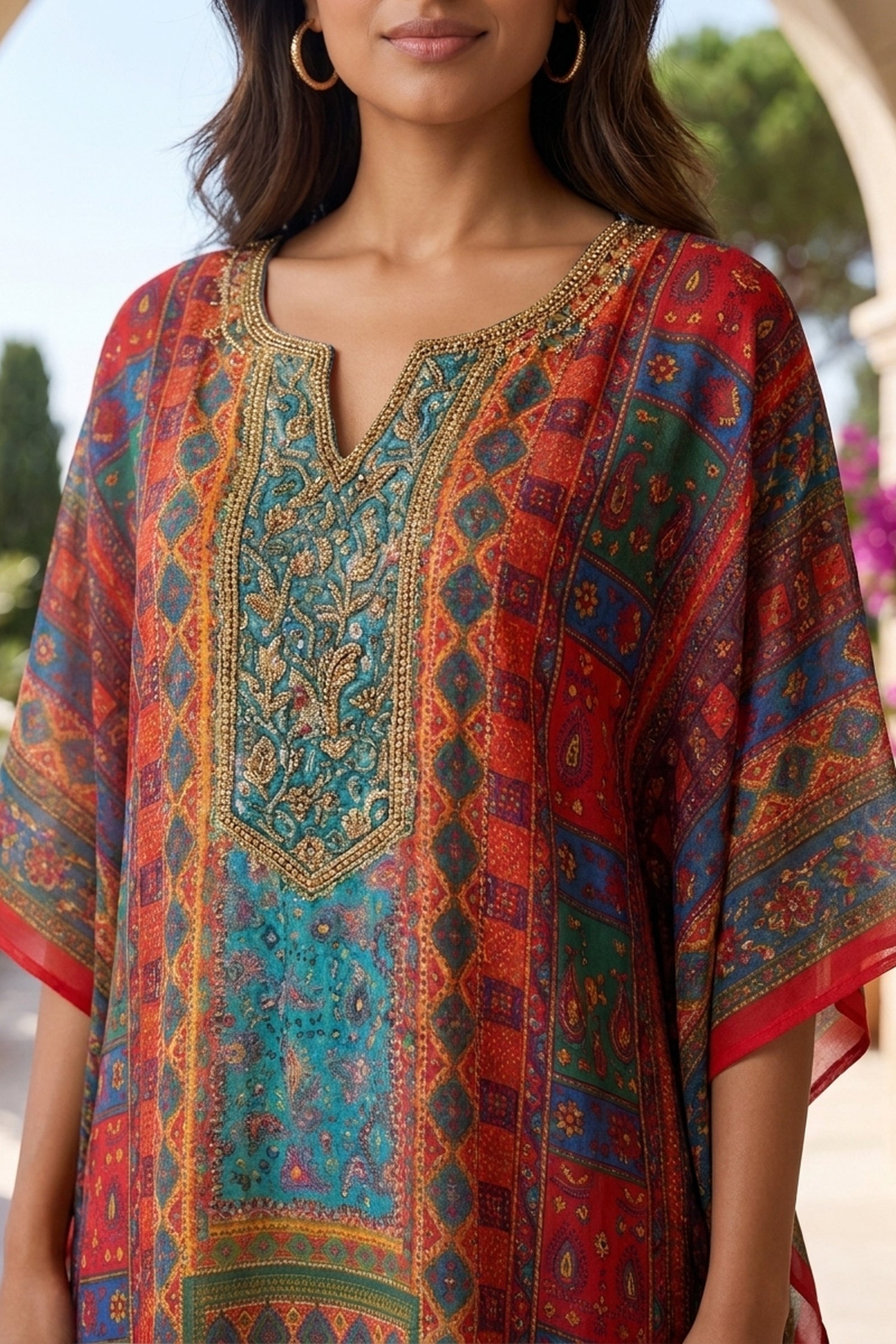 Multicolor Printed Long Kaftan Dress