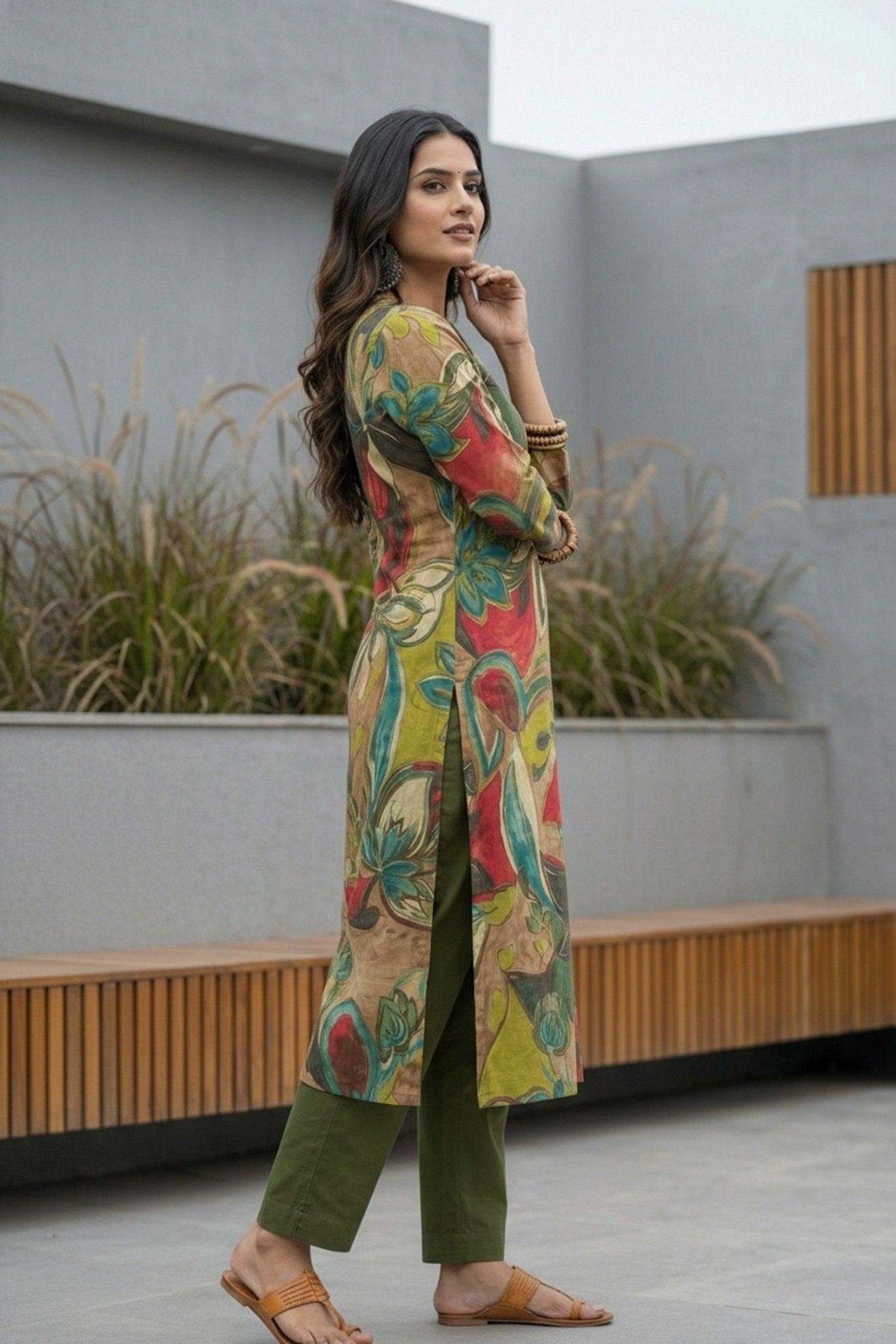 Vibrant Green Artistic Design Cotton Long Kurti - Freyaa USA & Canada
