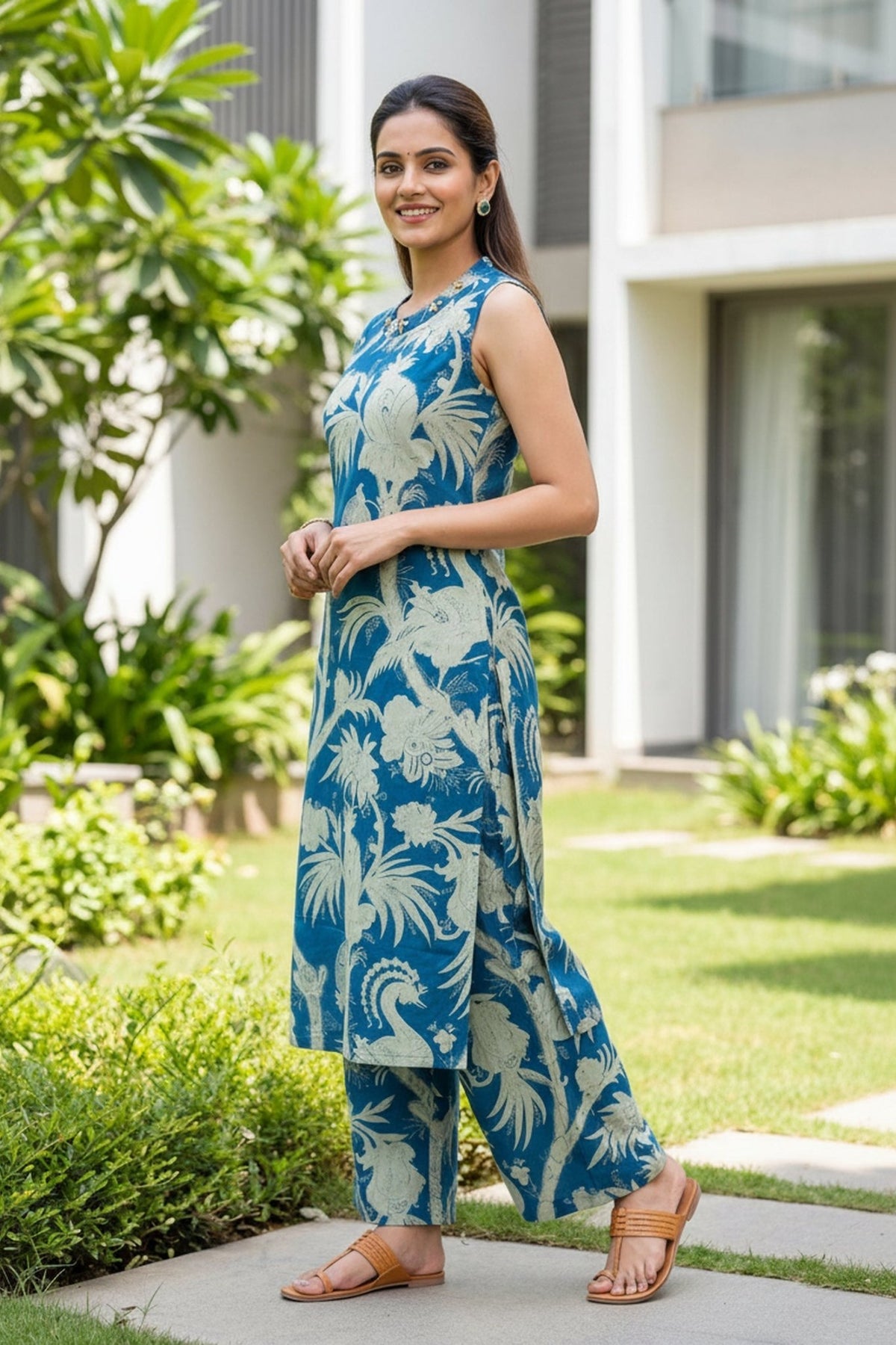 Blue Floral Printed Kurta Palazzo Co-Ord Set - Freyaa