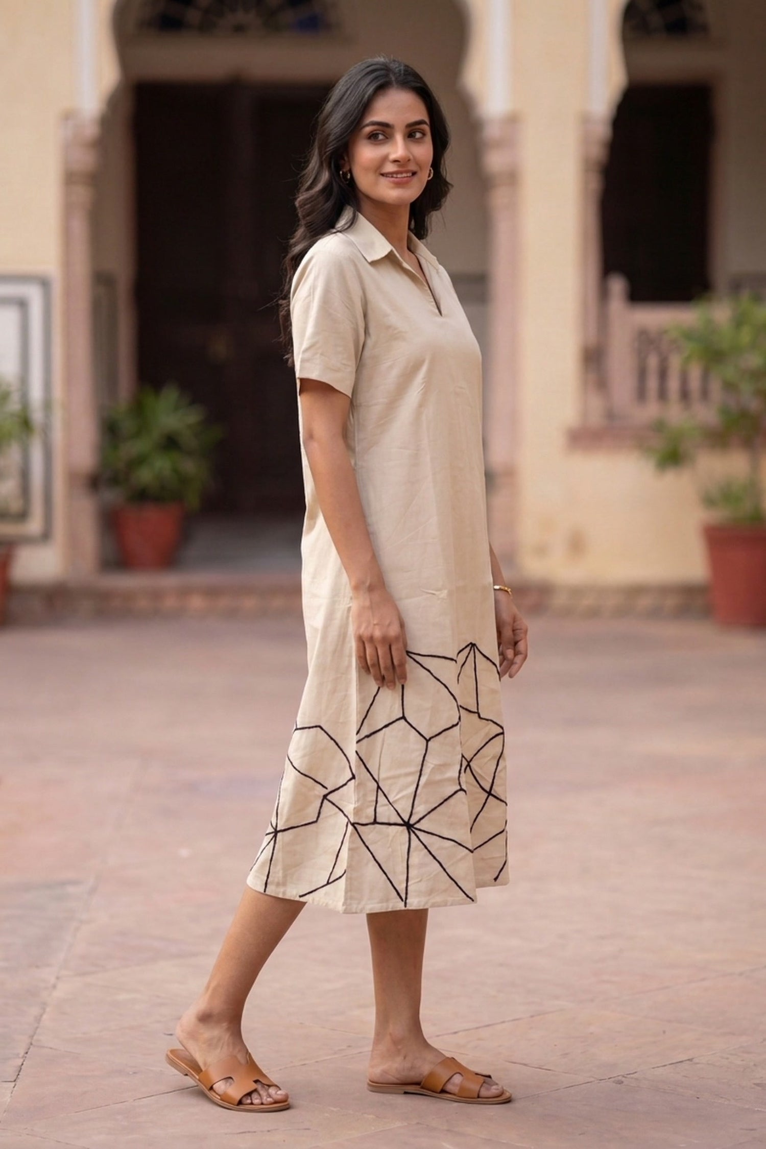 Women's Natural Cotton Flex Midi Dress with Abstract Embroidered Hem - Freyaa USA & Canada