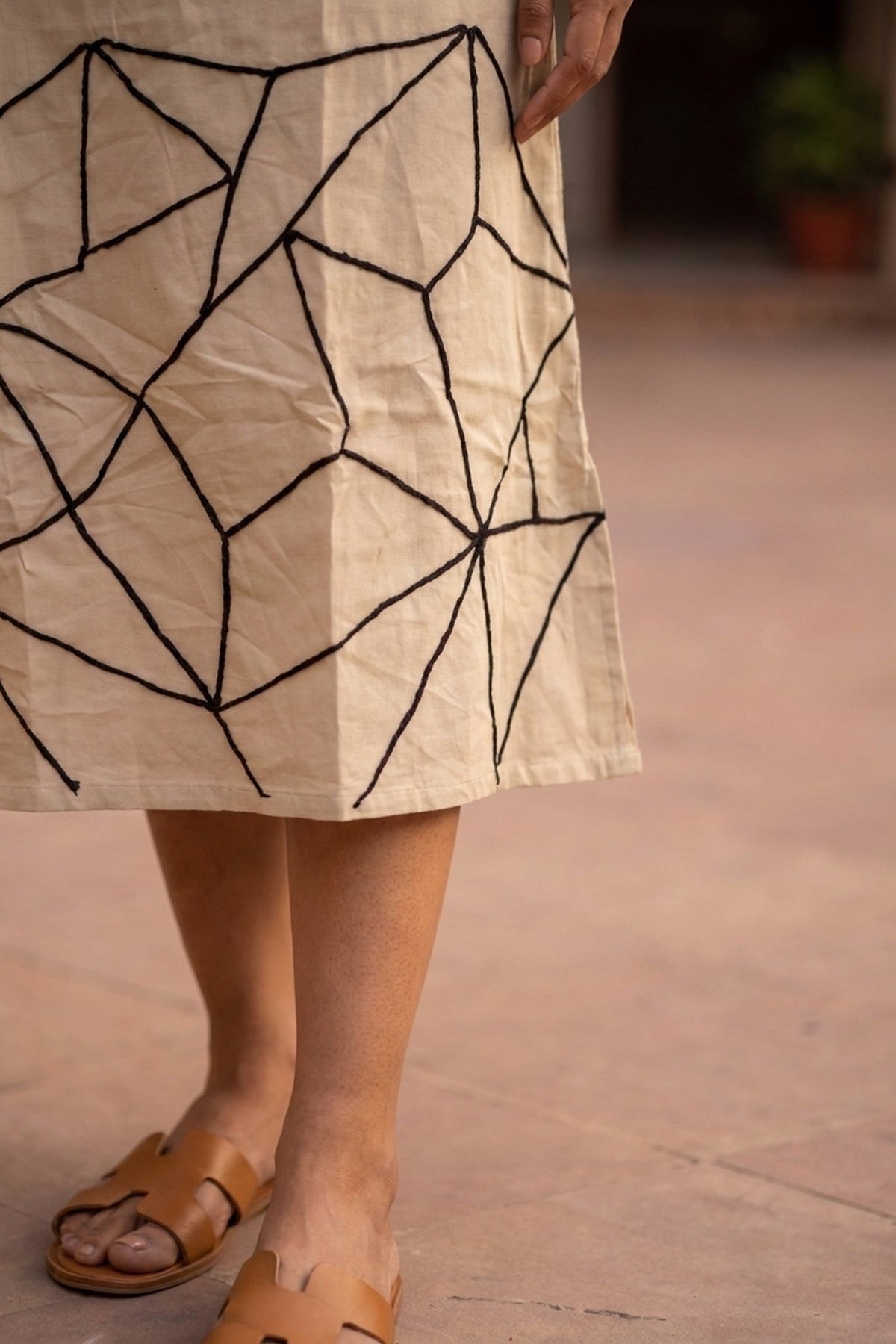Natural Cotton Flex Midi Dress with Abstract Embroidered Hem - Freyaa USA & Canada