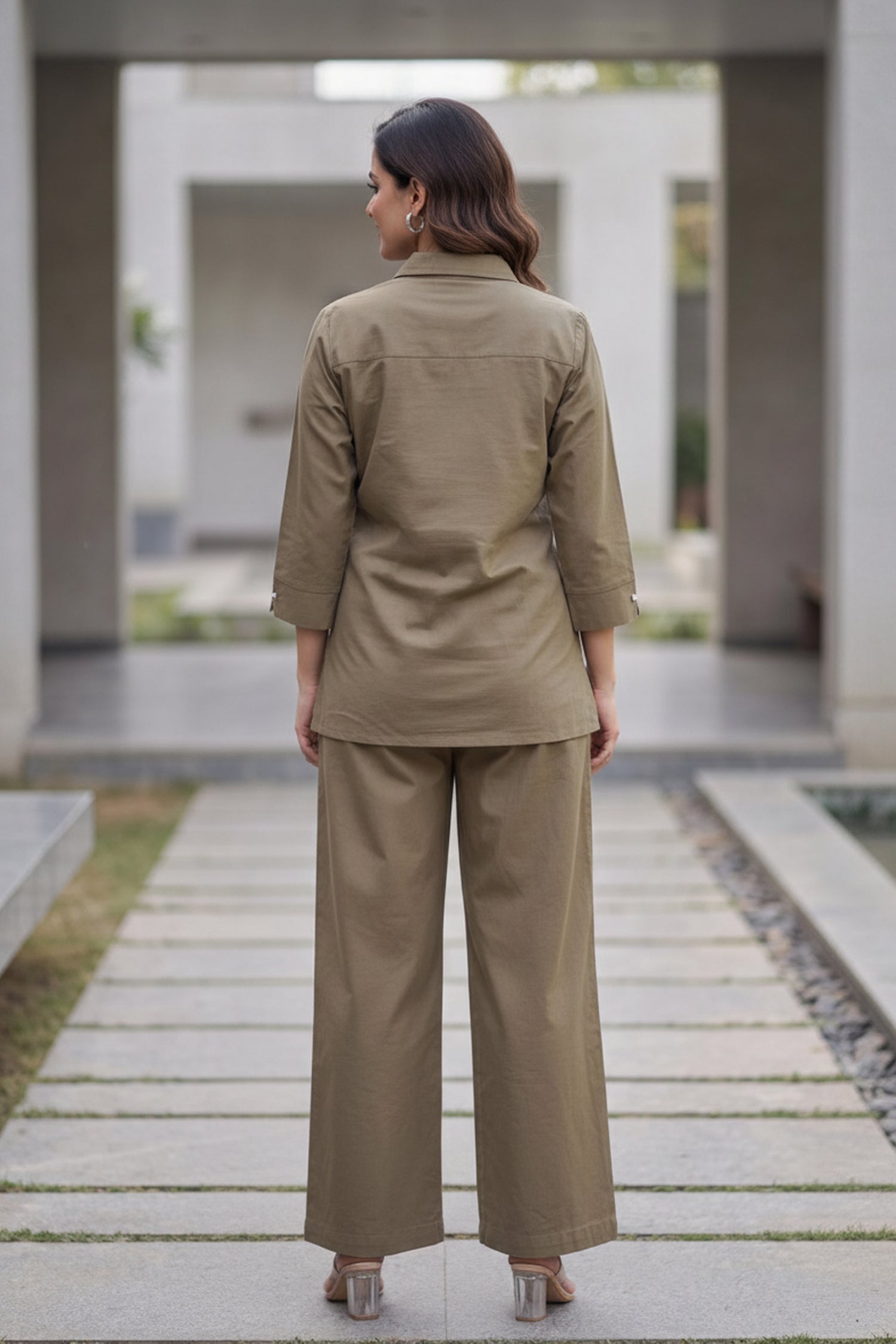 Earthy Brown Cotton Floral Embroidered  Shirt And Wide Leg Palazzo Co -Ord Set