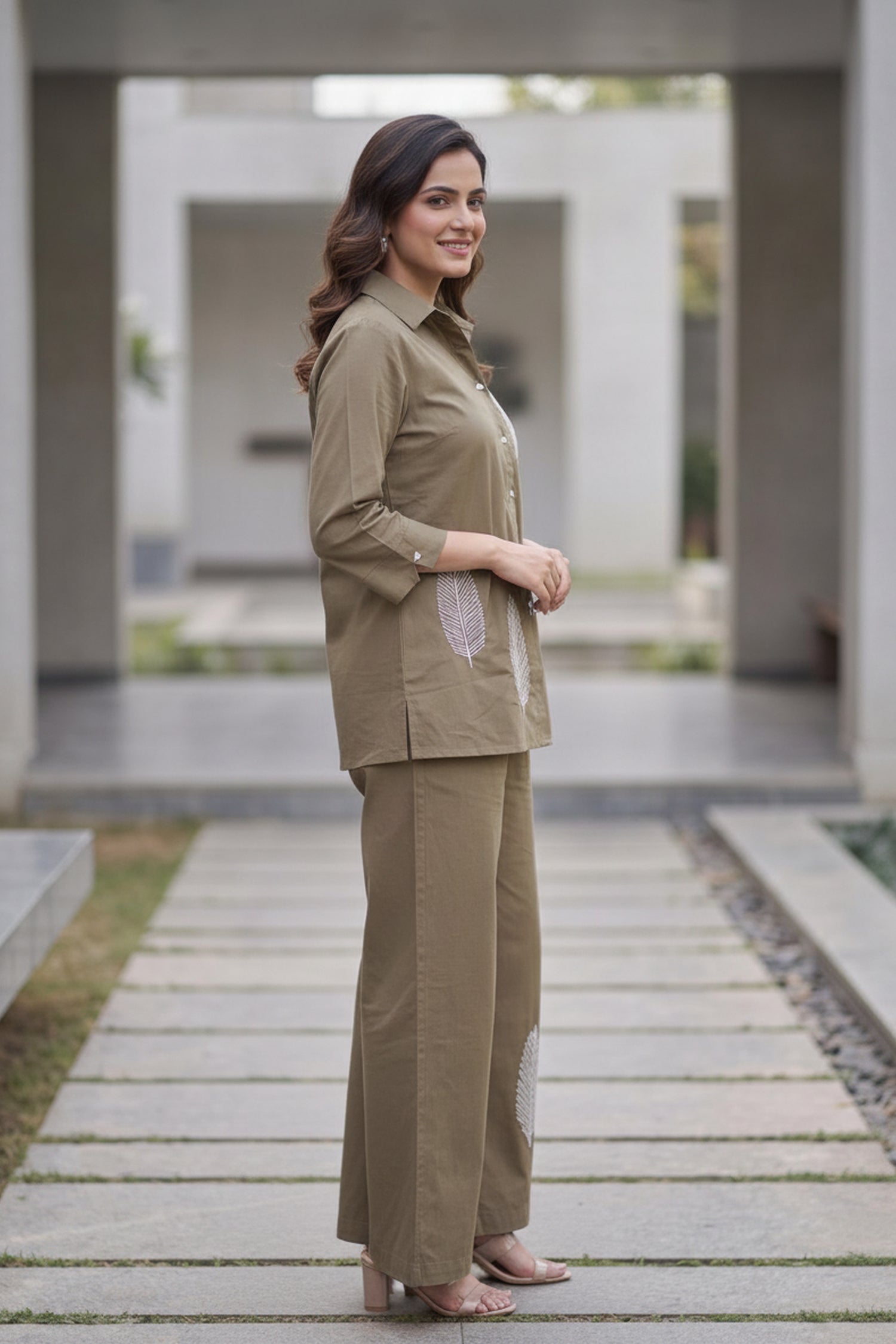 Earthy Brown Cotton Floral Embroidered  Shirt And Wide Leg Palazzo Co -Ord Set