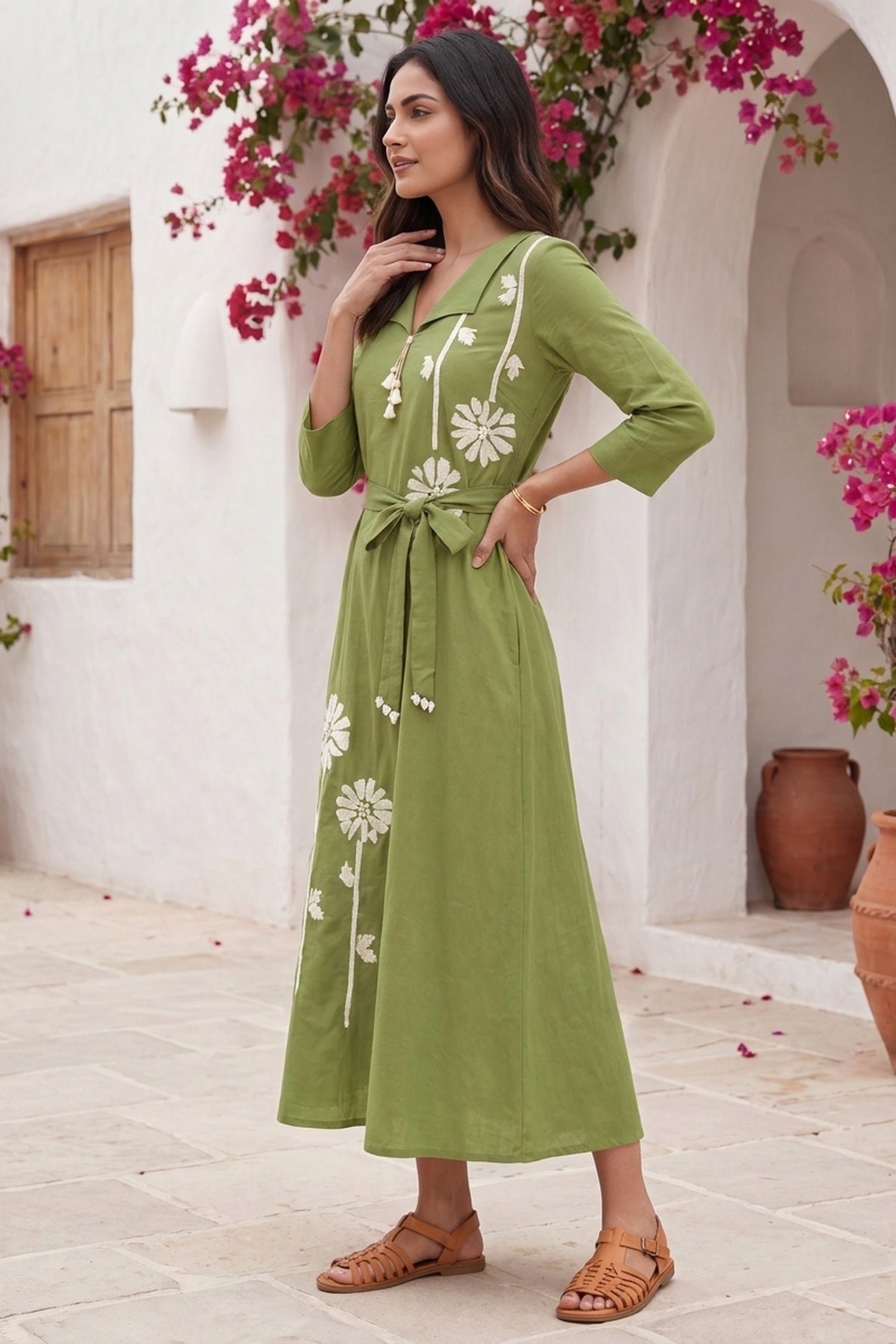 Women's Green Floral Printed Midi Dress with Waist Tie-Up - Freyaa USA & Canada