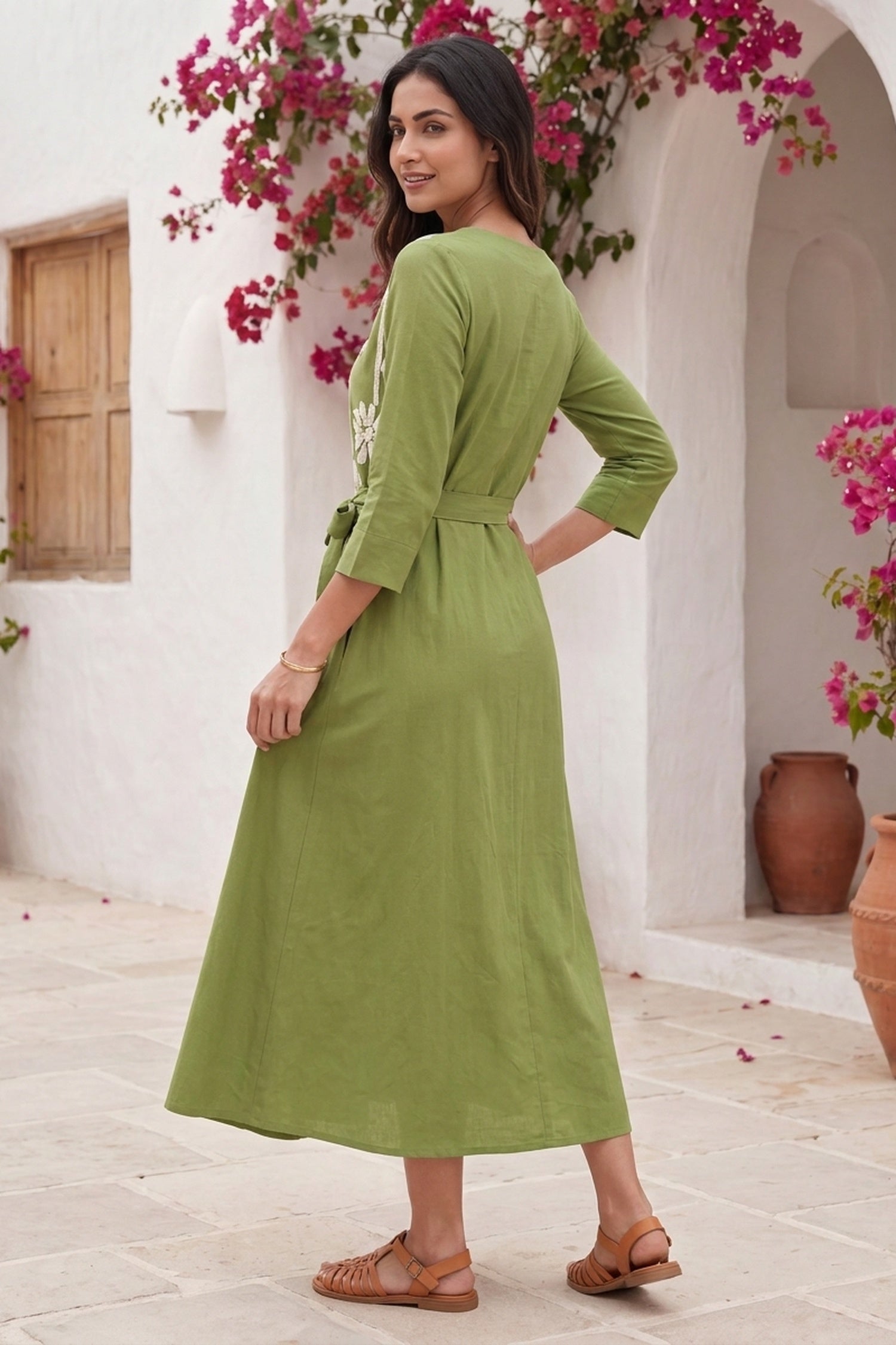 Women's Green Floral Printed Midi Dress with Waist Tie-Up - Freyaa USA & Canada