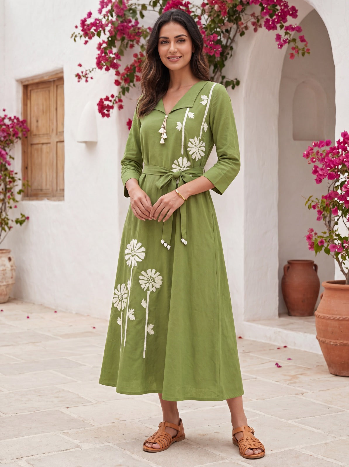 Women's Green Floral Printed Midi Dress with Waist Tie-Up - Freyaa USA & Canada