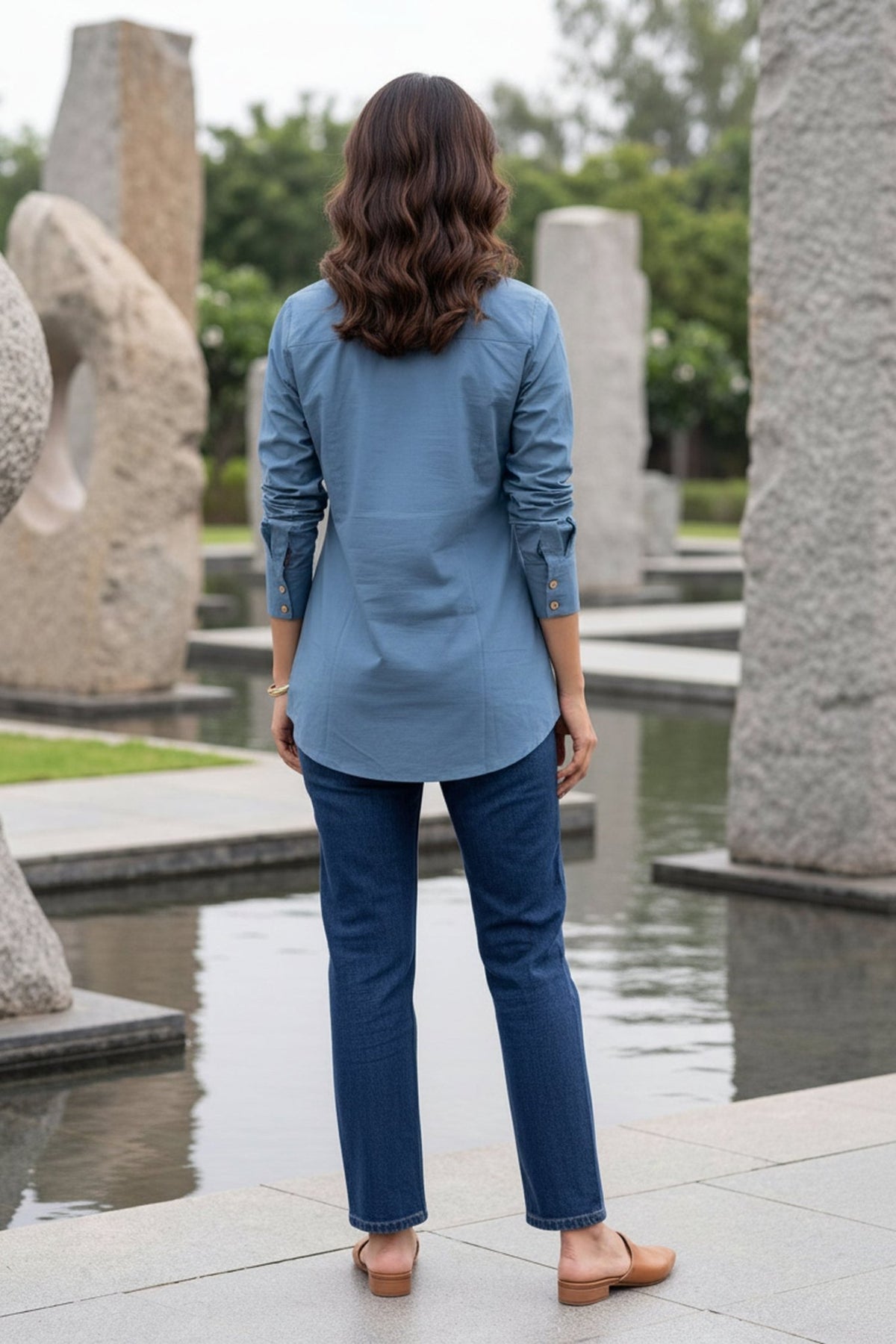 Regular Fit Cotton Embroidered Blue Shirt - Freyaa