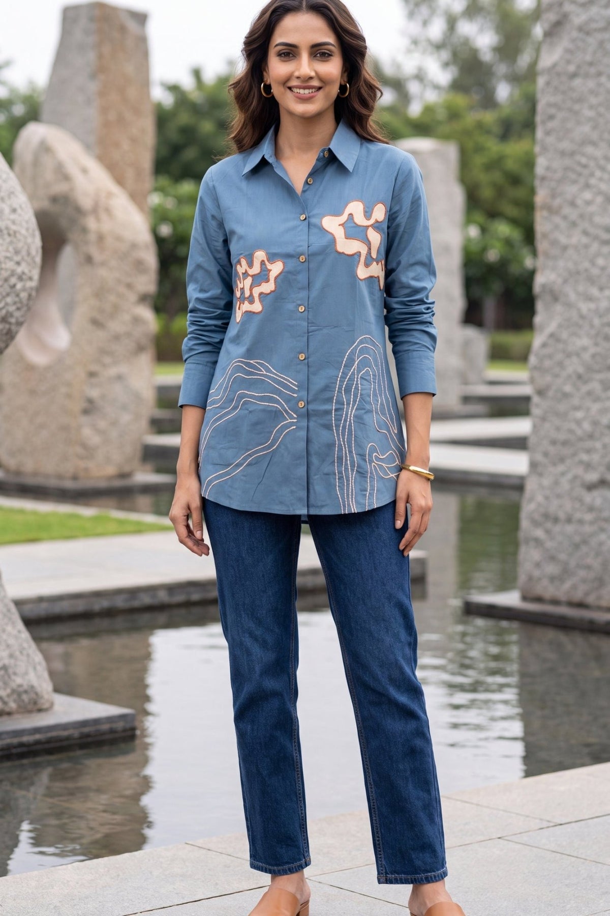 Regular Fit Cotton Embroidered Blue Shirt - Freyaa