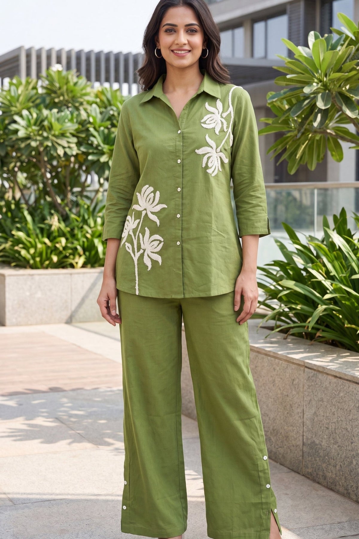 Sage Green Cotton Flex Embroidered Cord Set - Freyaa