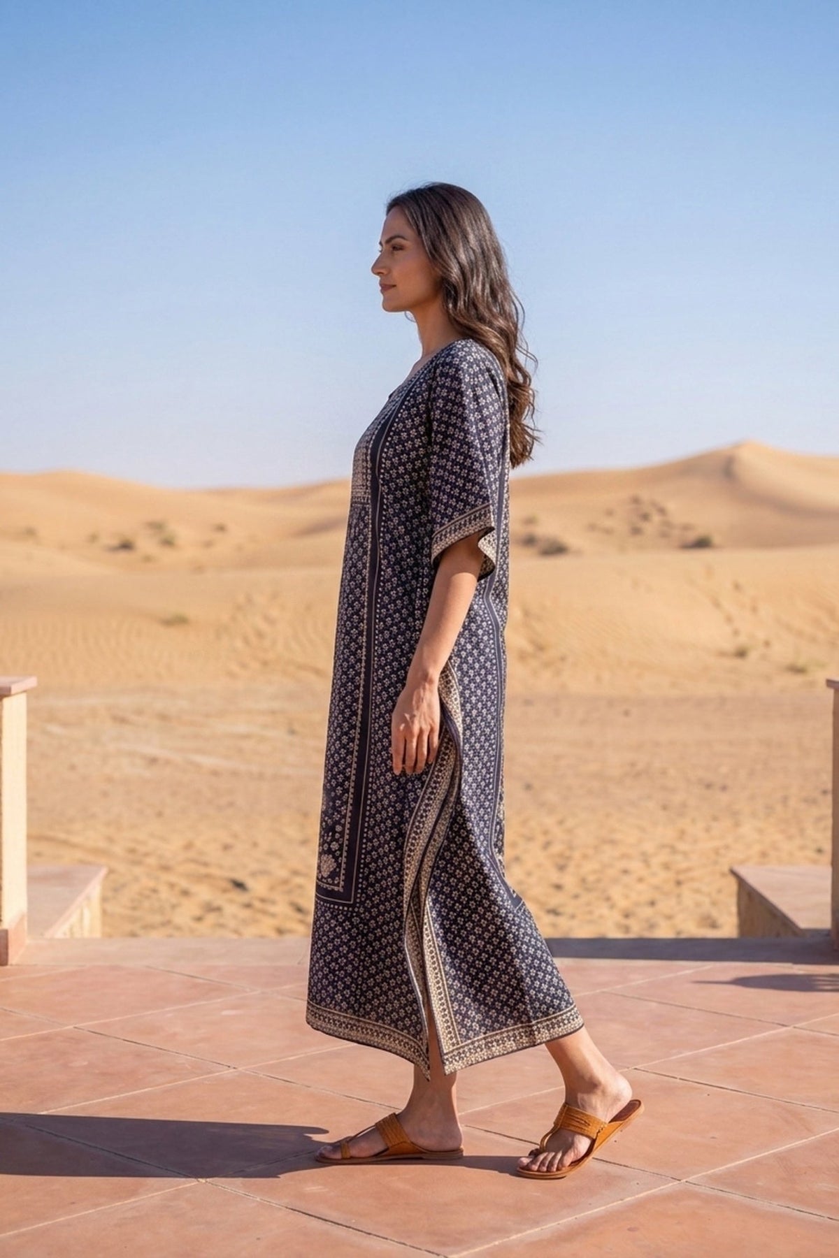 Dark Persian Blue Printed Long Kaftan - Freyaa USA & Canada