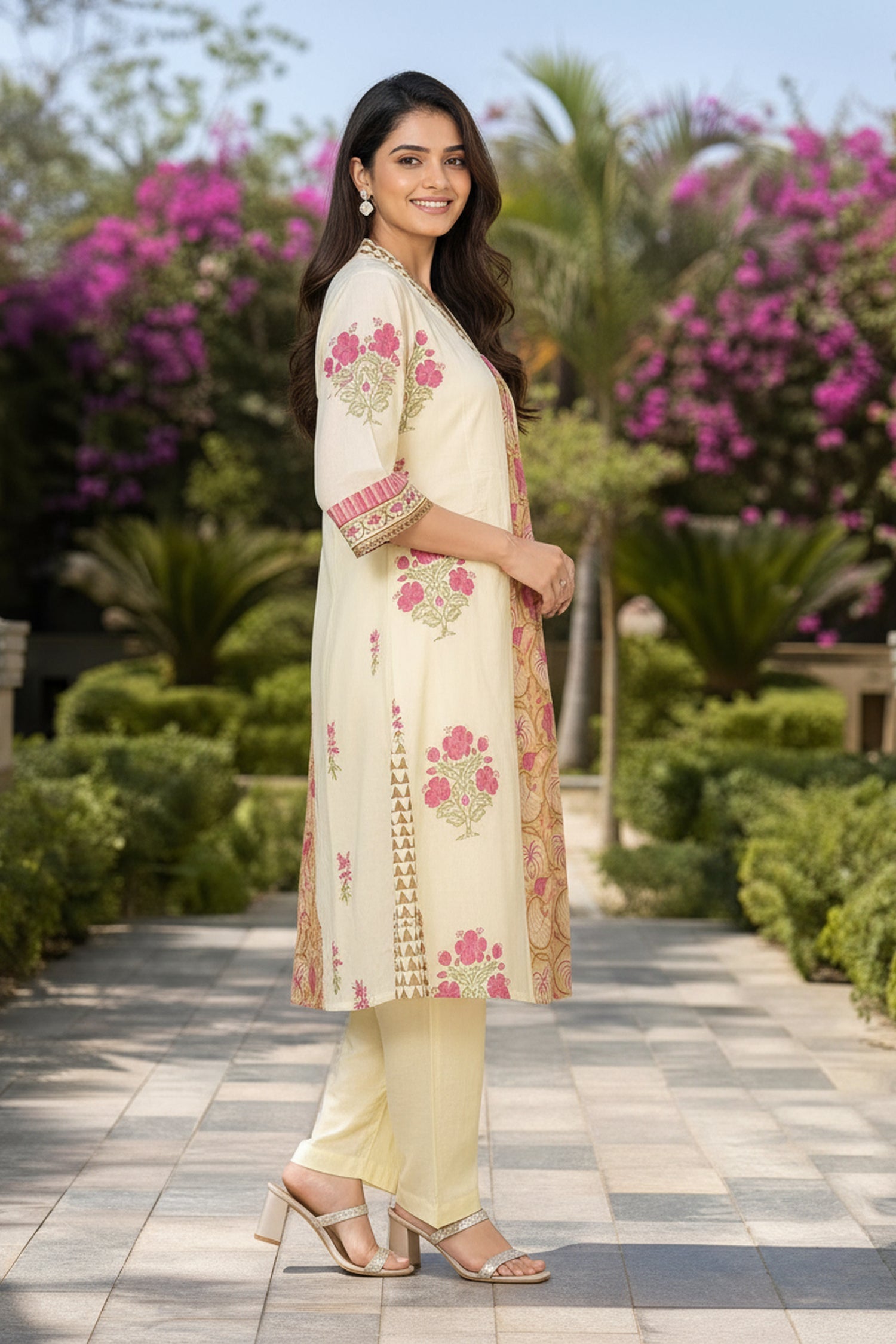 Off-White Floral Printed A-Line Kurta Co-Ord Set