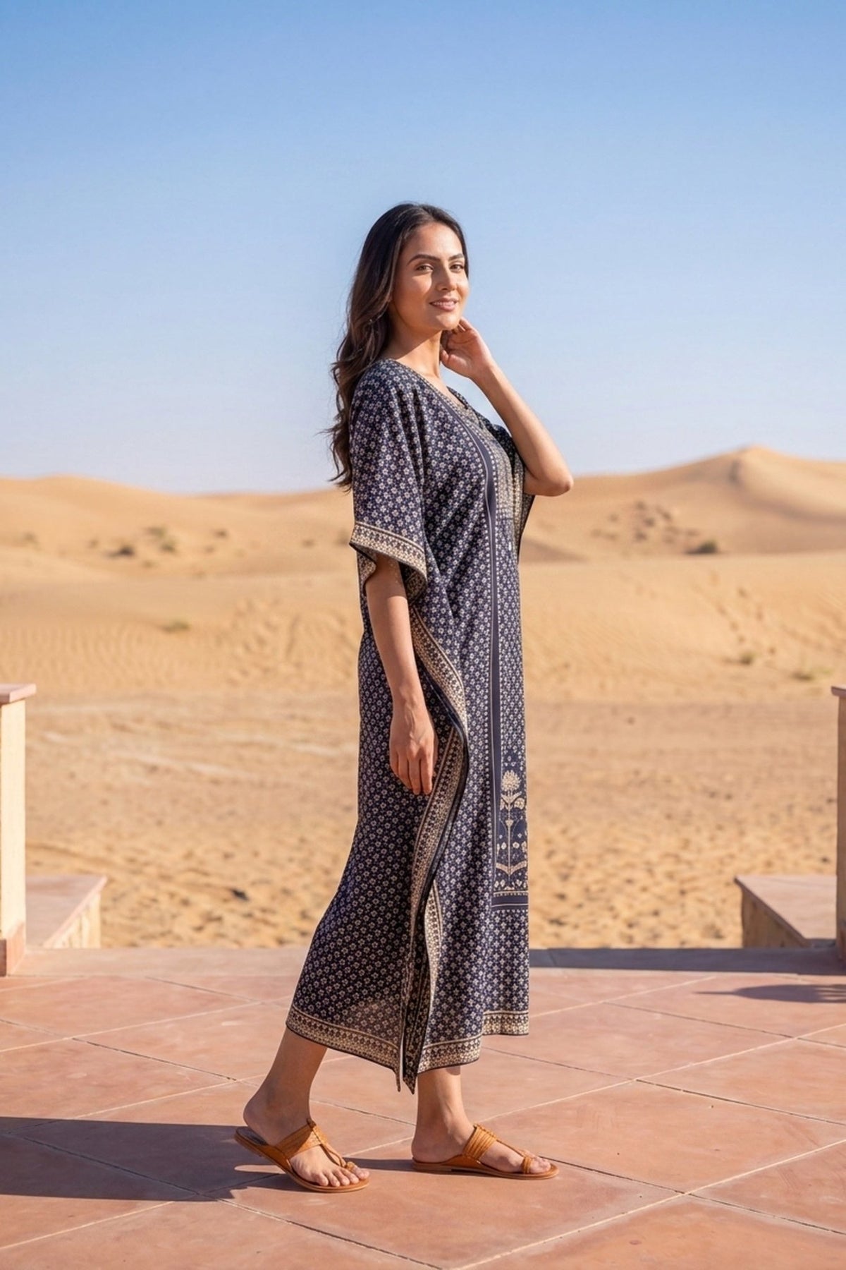Dark Persian Blue Printed Long Kaftan - Freyaa USA & Canada