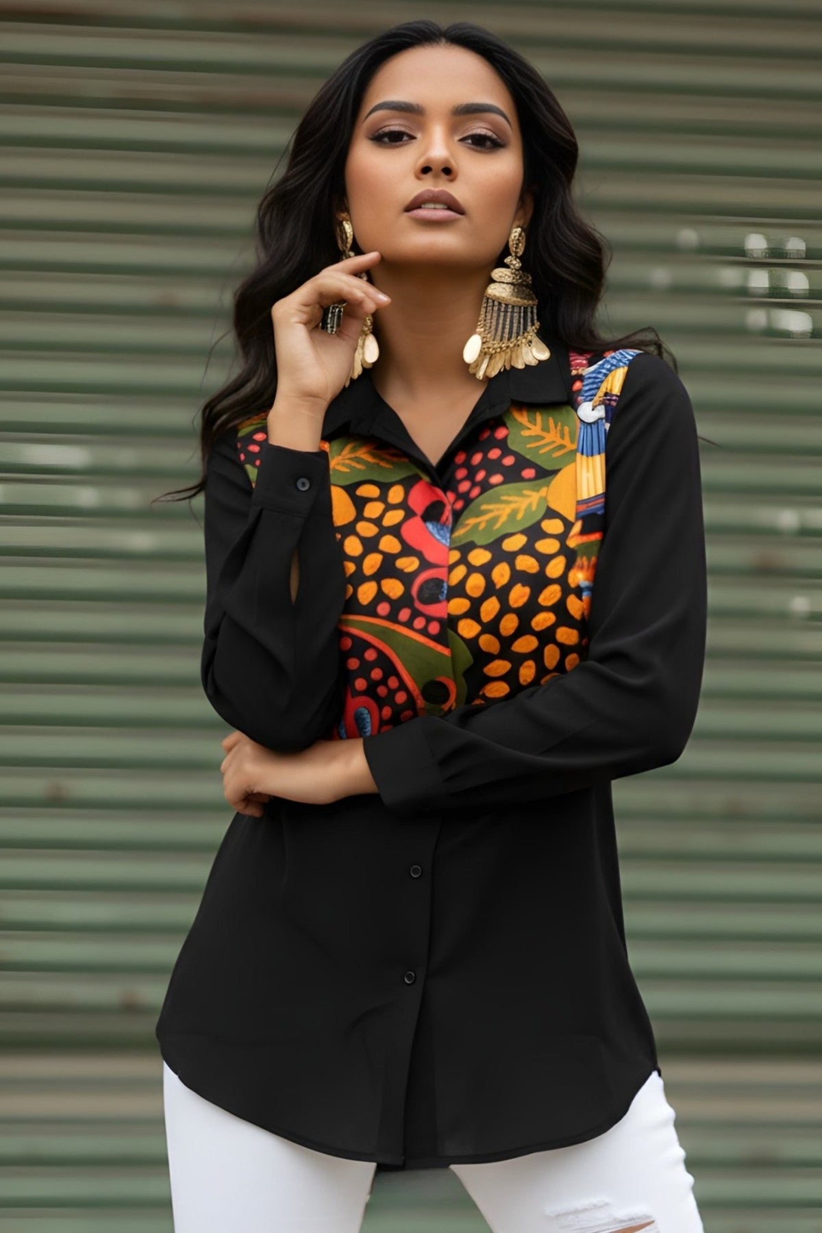 Black Shirt with Printed Cropped Jacket - Freyaa USA & Canada