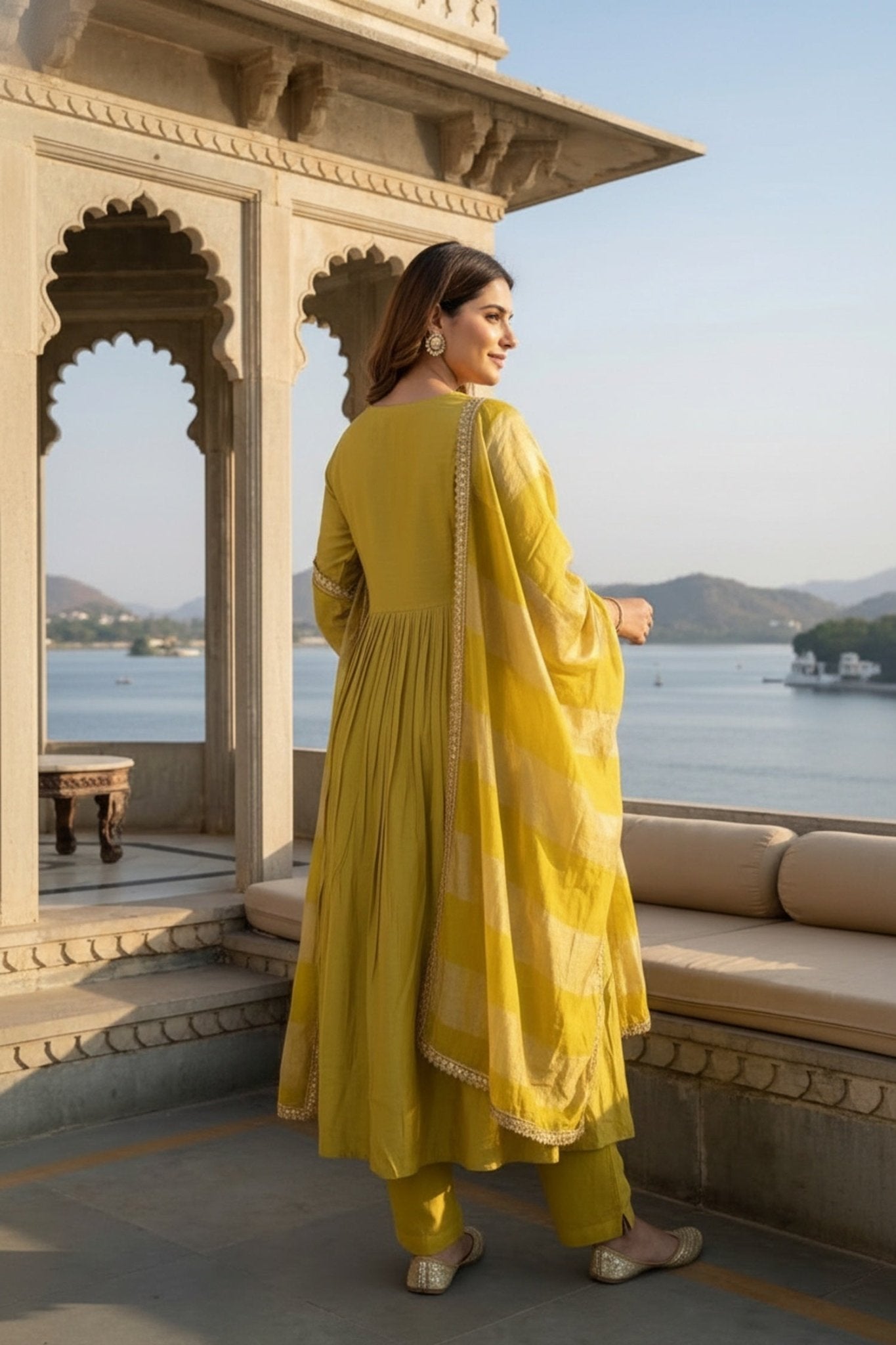 Yellow Cotton Anarkali Three-Piece Set with Embroidery - Freyaa USA & Canada