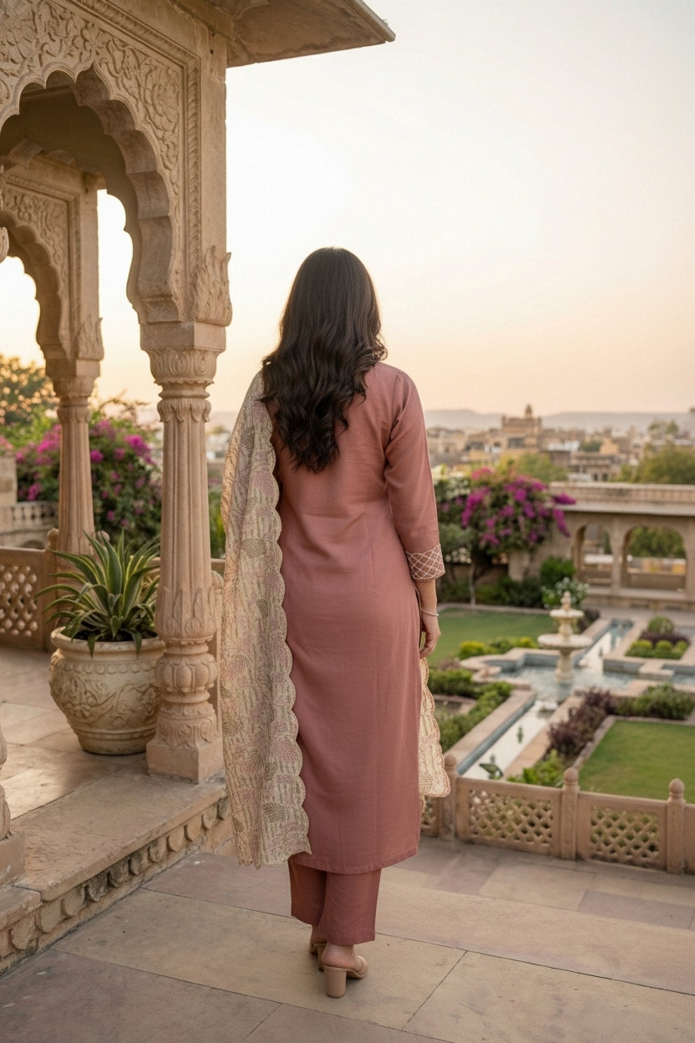 Onion Pink Embroidered Kurta Set with Tissue Silk Dupatta - Freyaa USA & Canada
