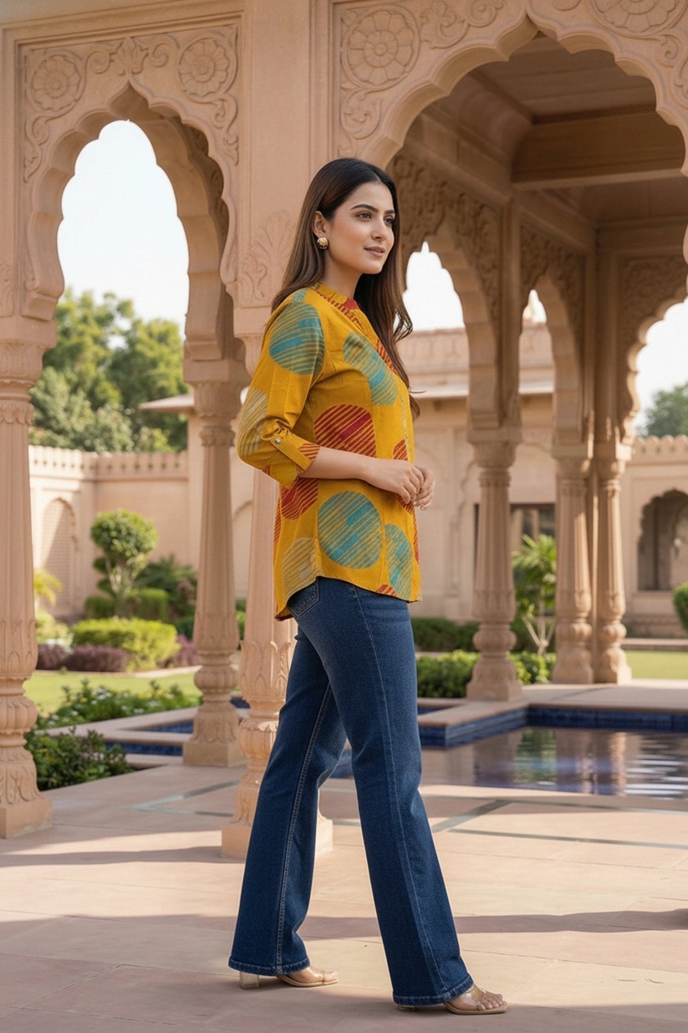 Yellow Cotton Top with Geometric Print - Freyaa USA & Canada