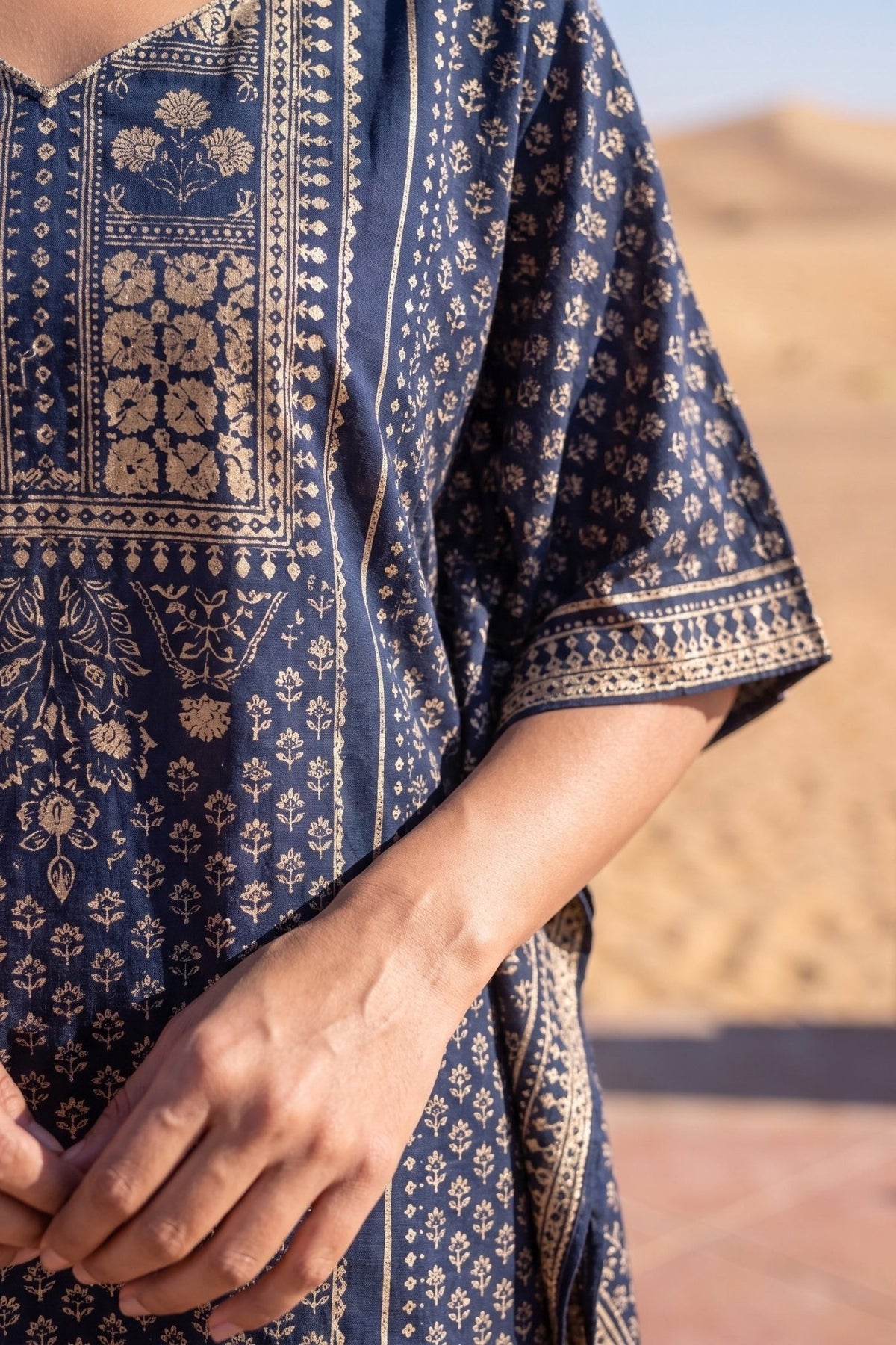 Dark Persian Blue Printed Long Kaftan - Freyaa USA & Canada