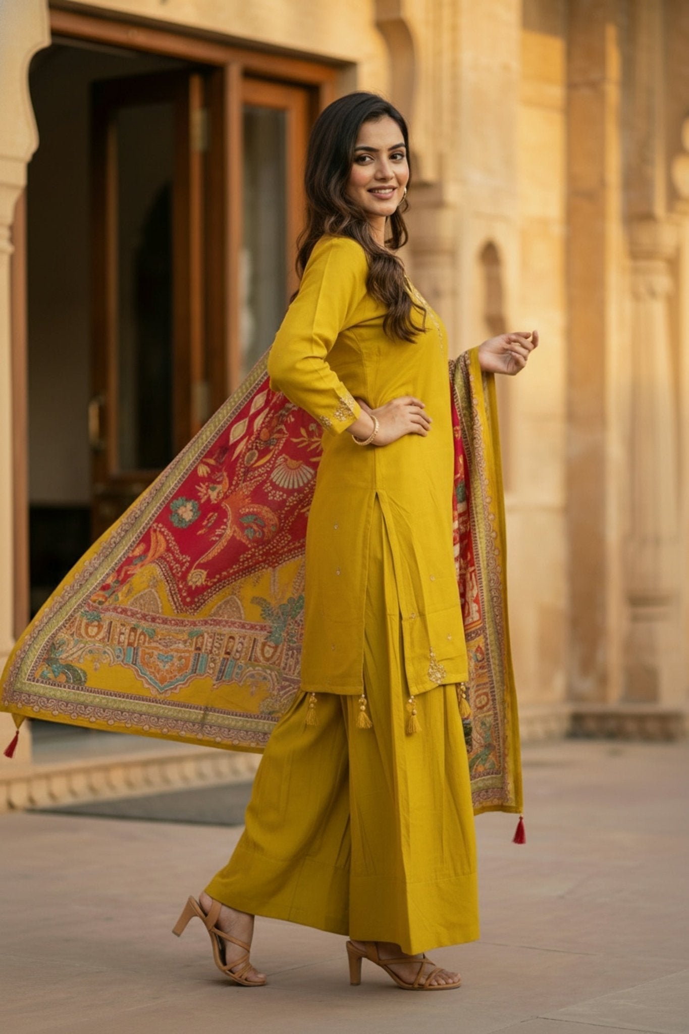 Mustard Three-Piece Set with Neck Detailing and Heavy Dupatta - Freyaa USA & Canada