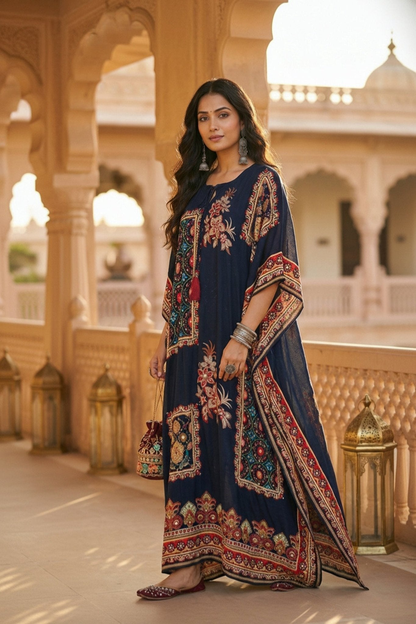 Long Navy Blue Kaftan with Digital Print - Freyaa USA & Canada