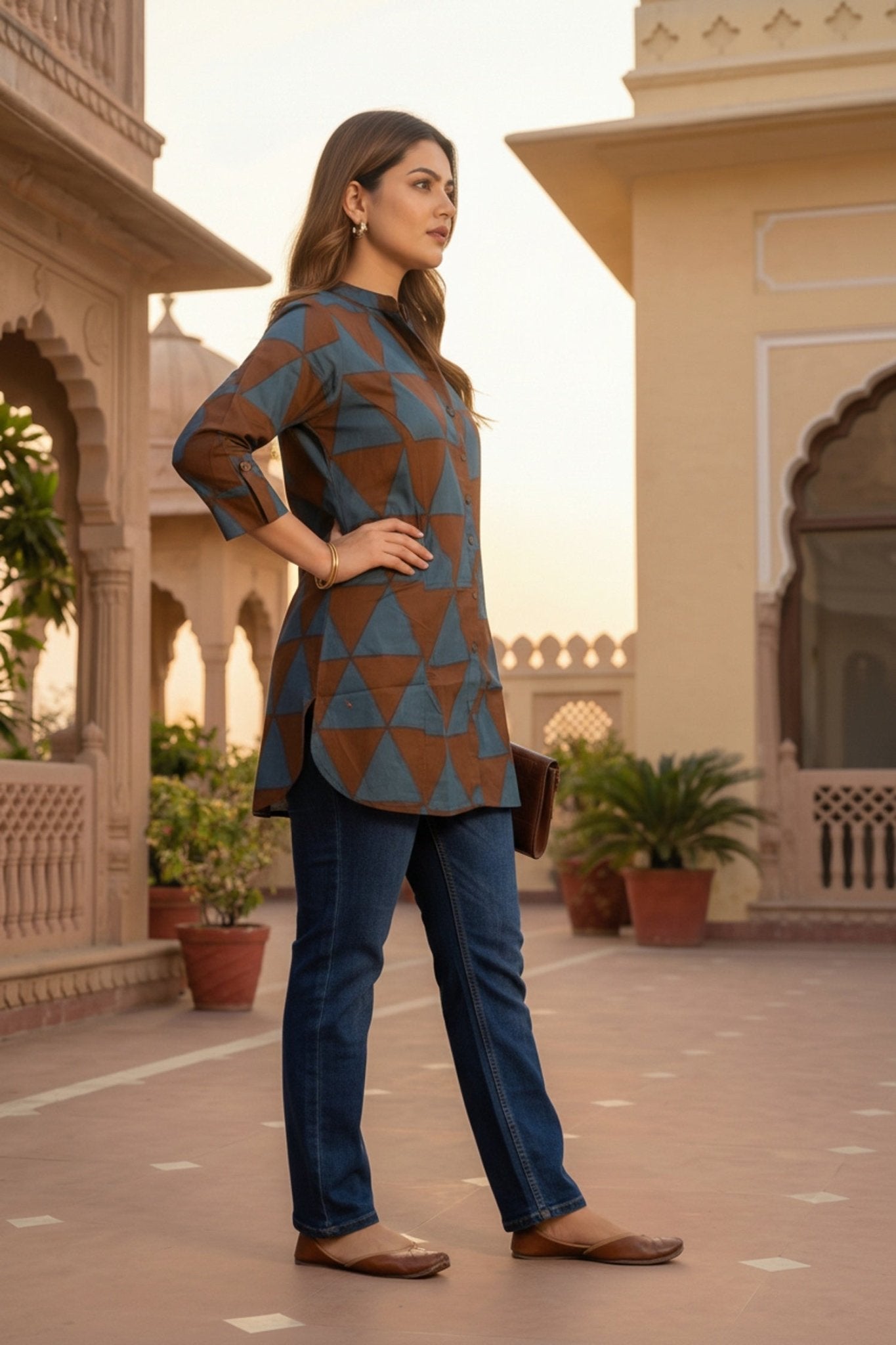 Brown Cotton Top with Geometric Design - Freyaa USA & Canada
