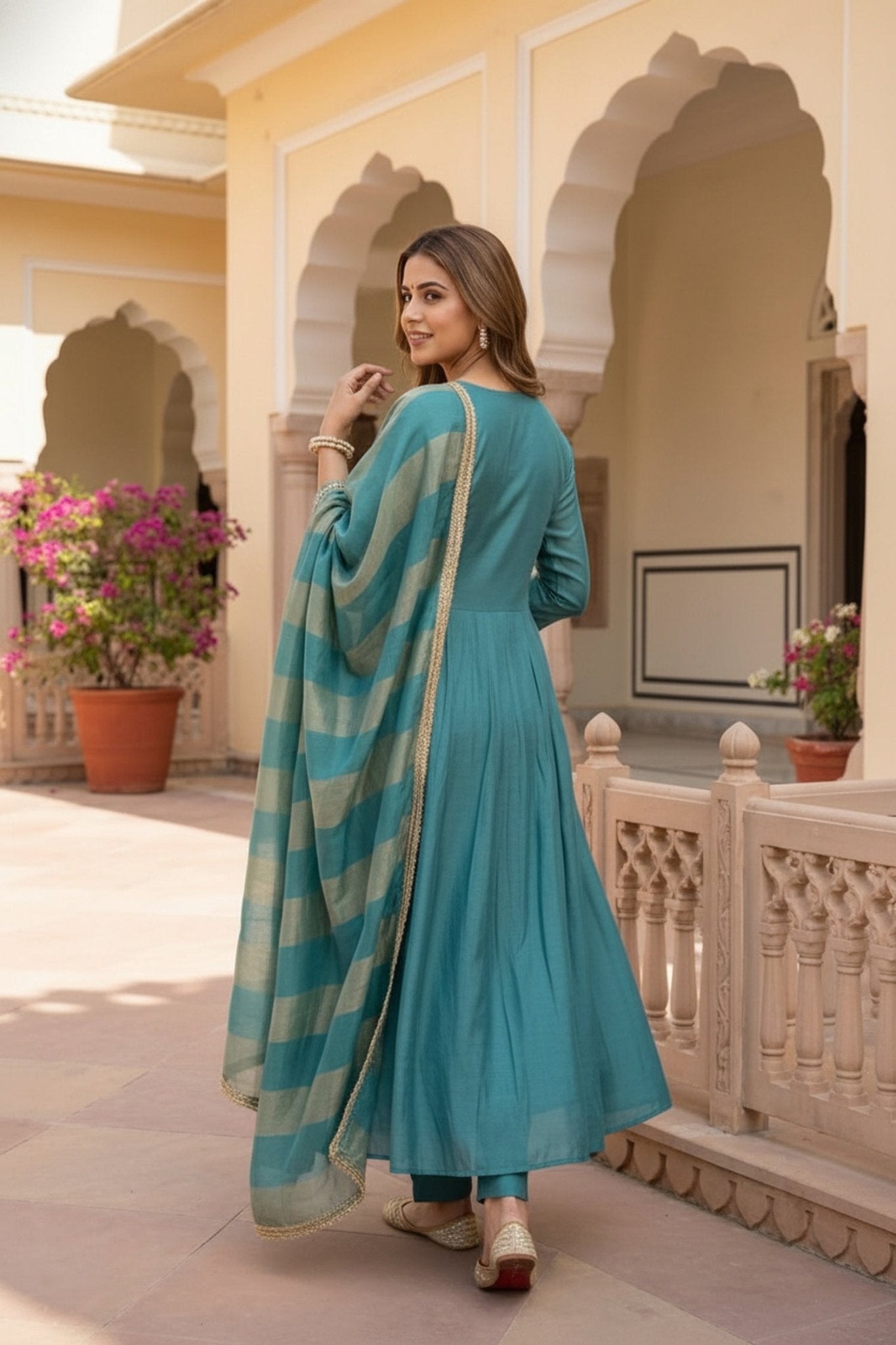 Blue Three-Piece Anarkali Set in Cotton with Thread Embroidery - Freyaa USA & Canada
